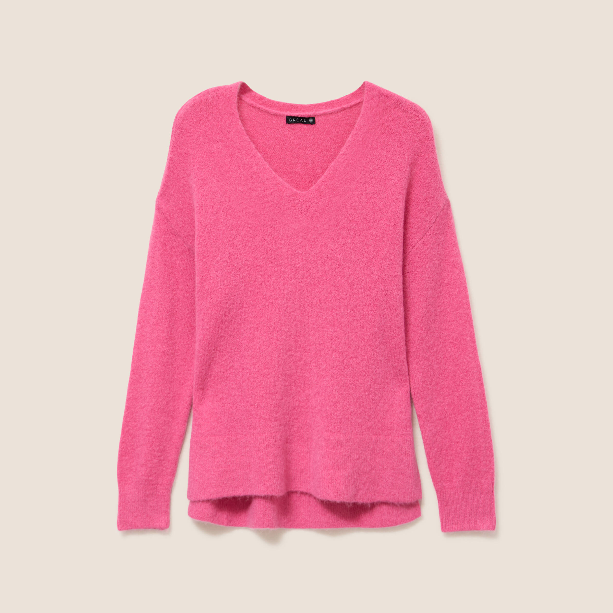 Pull col v manches longues rose fushia femme
