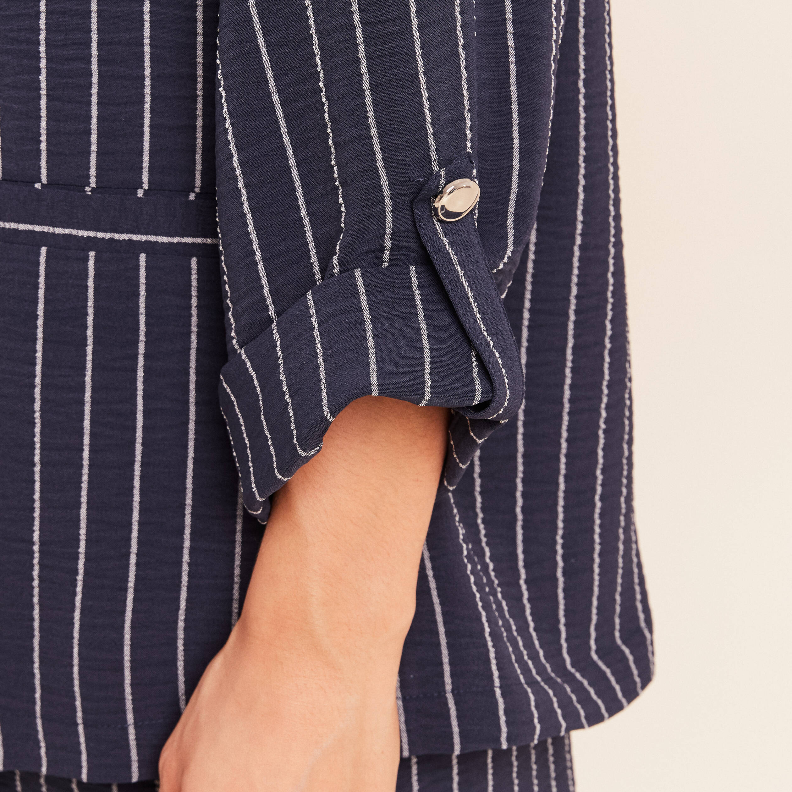 Veste droite longue manches 3/4 doubl&eacute;e bleu fonc&eacute; femme