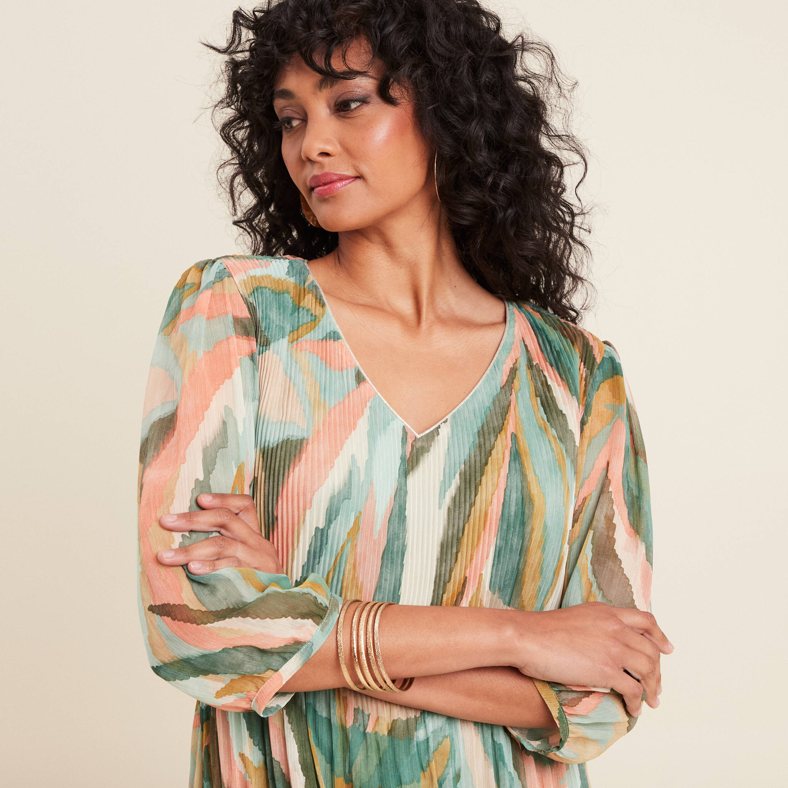 Robe évasée plissée multicolore femme