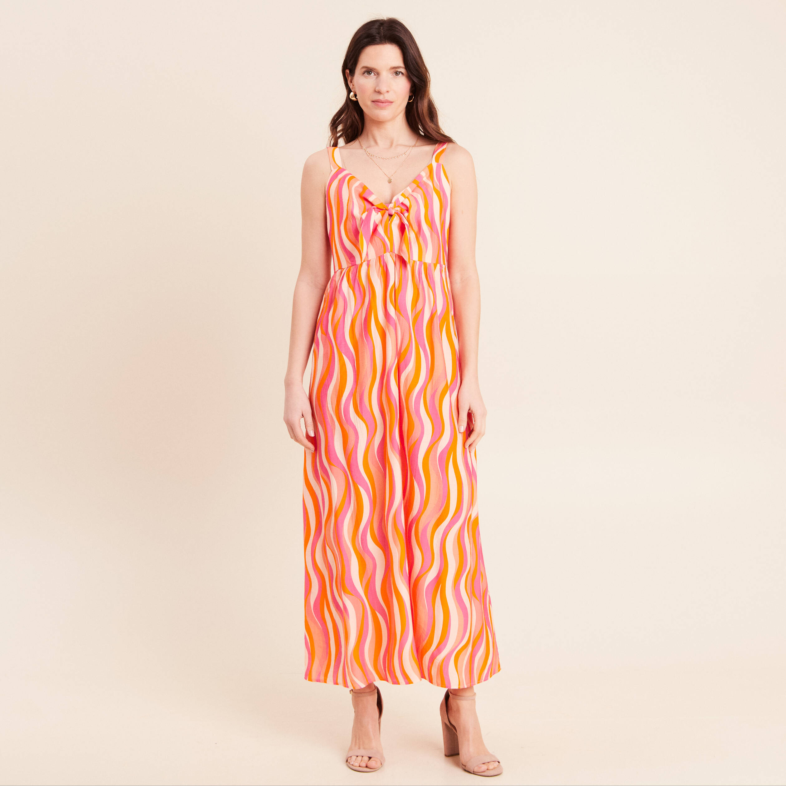 Robe longue &eacute;vas&eacute;e &agrave; fines bretelles orange femme
