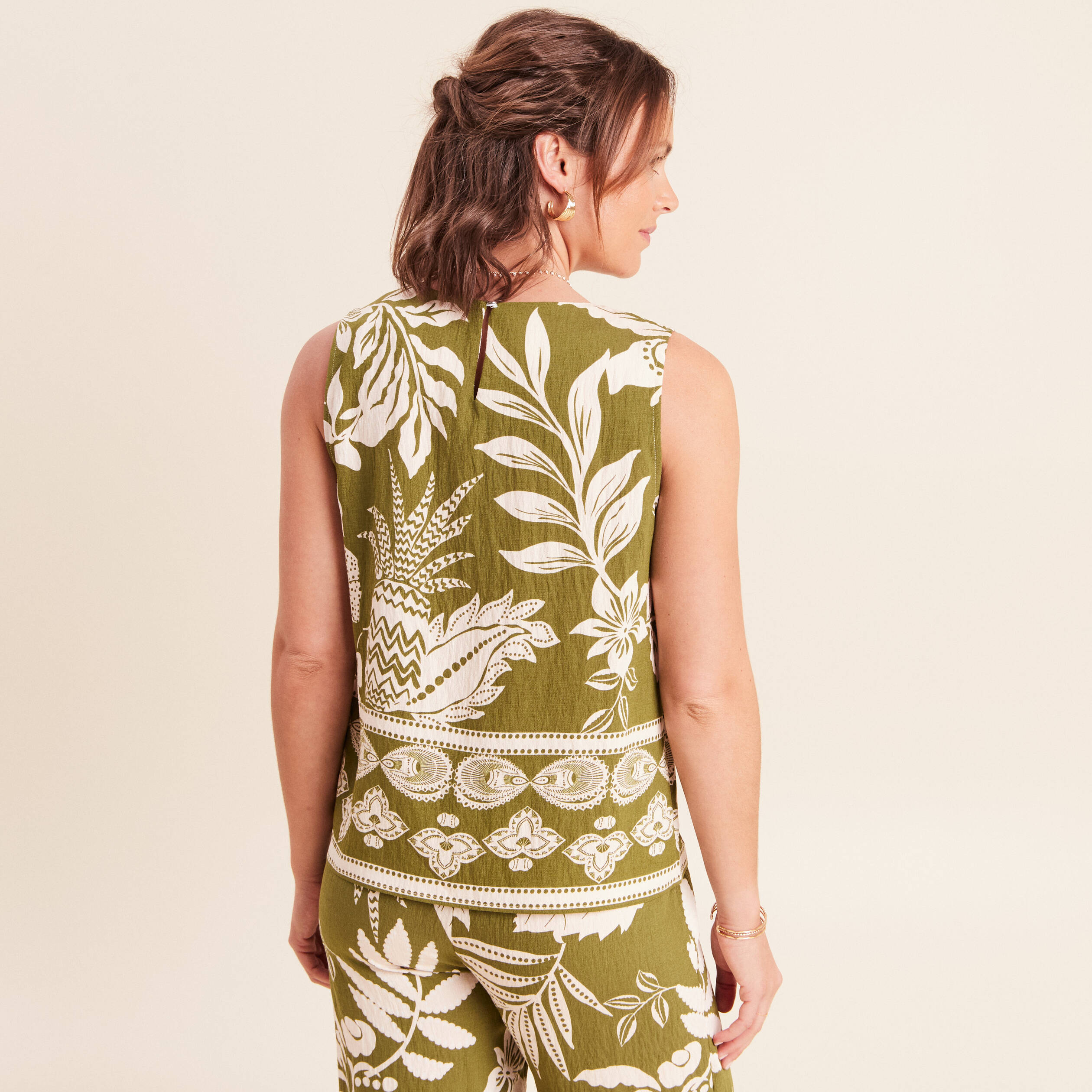 Blouse droite courte sans manches vert kaki femme