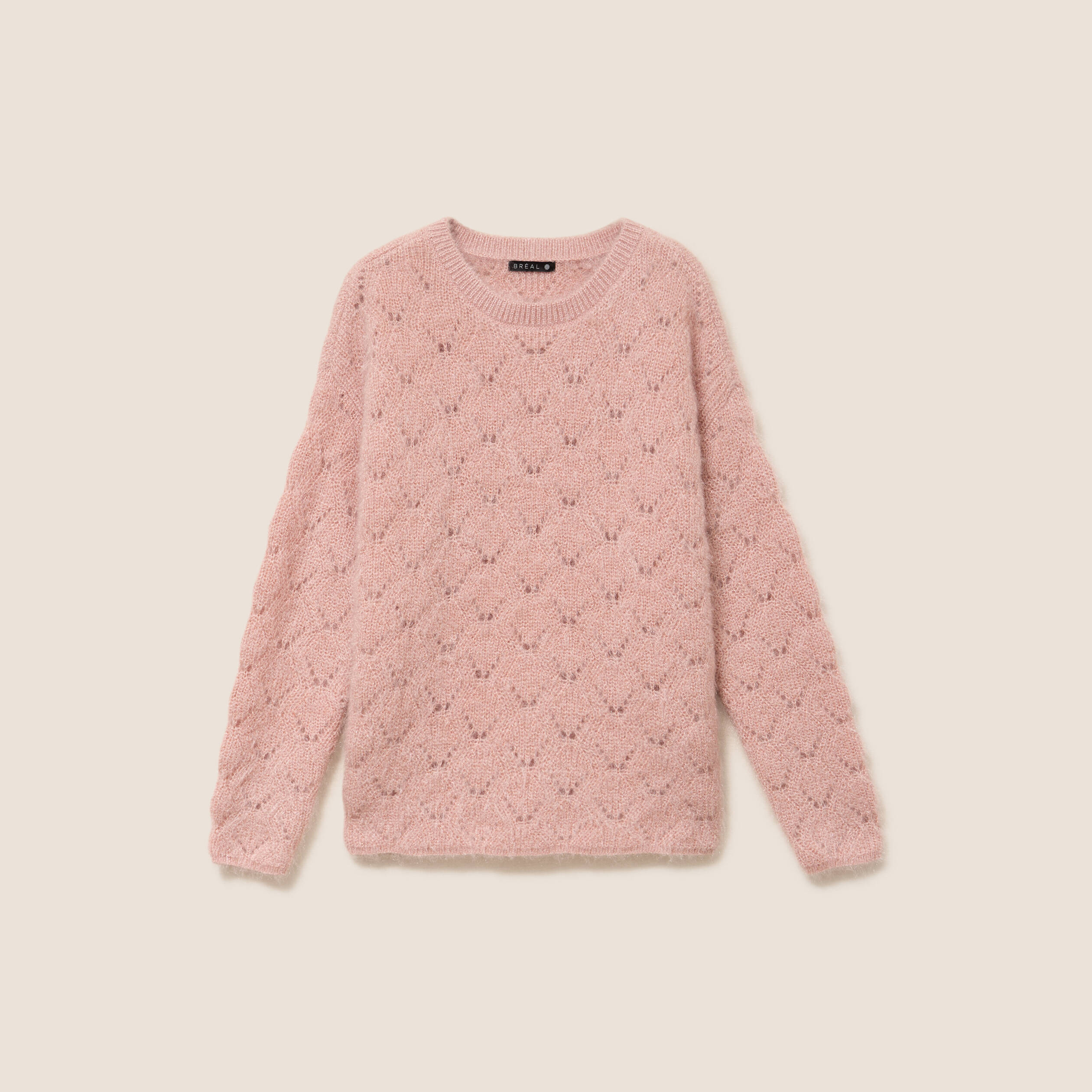 Pull ajour&eacute; col rond vieux rose femme