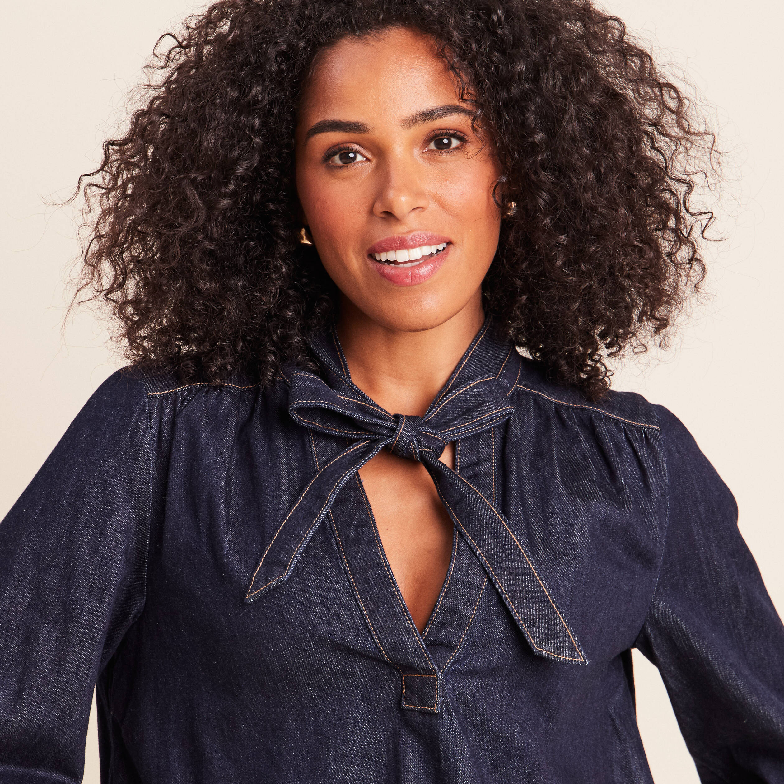 Blouse denim col &agrave; nouer denim brut femme