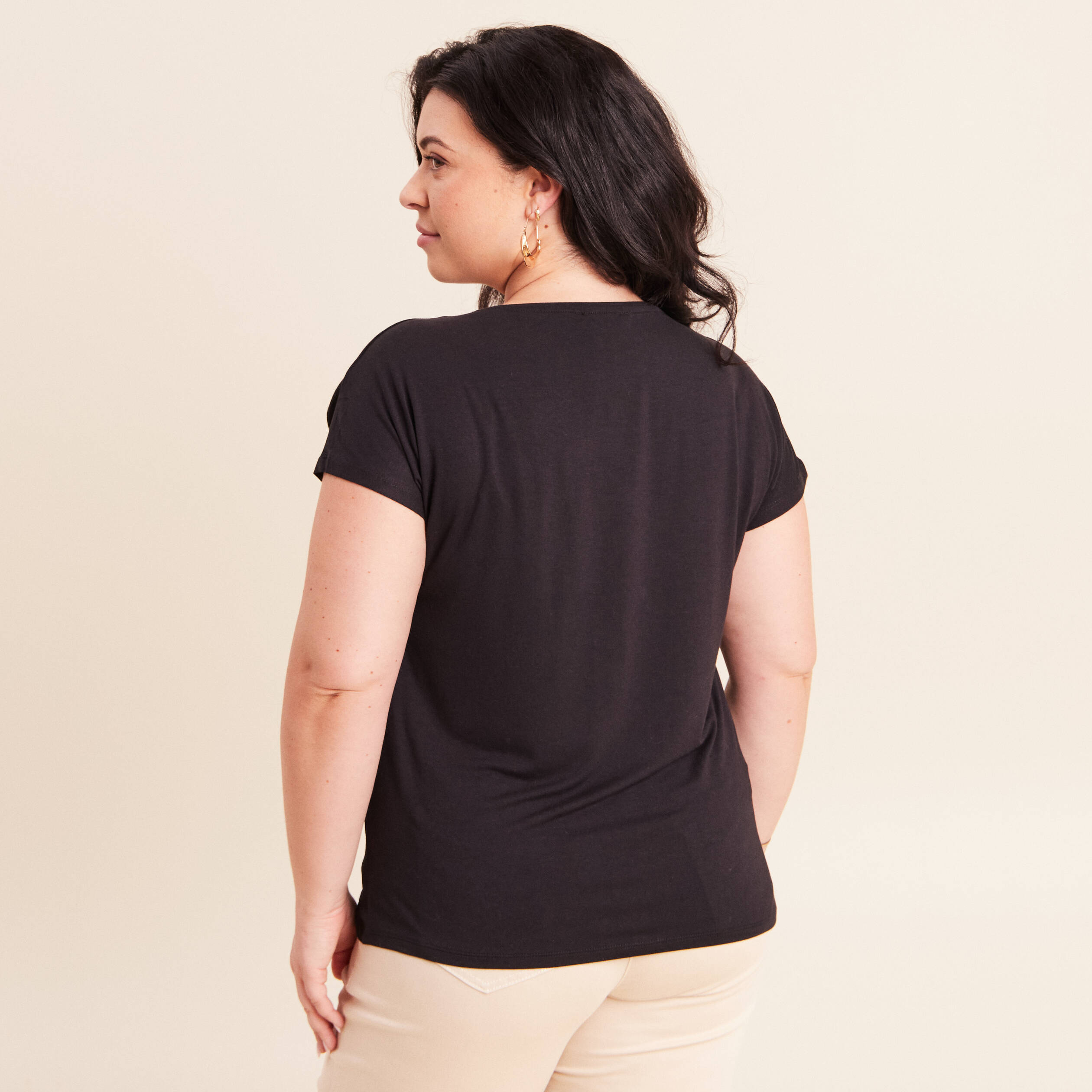 T-shirt bi-mati&egrave;re manches courtes noir femme