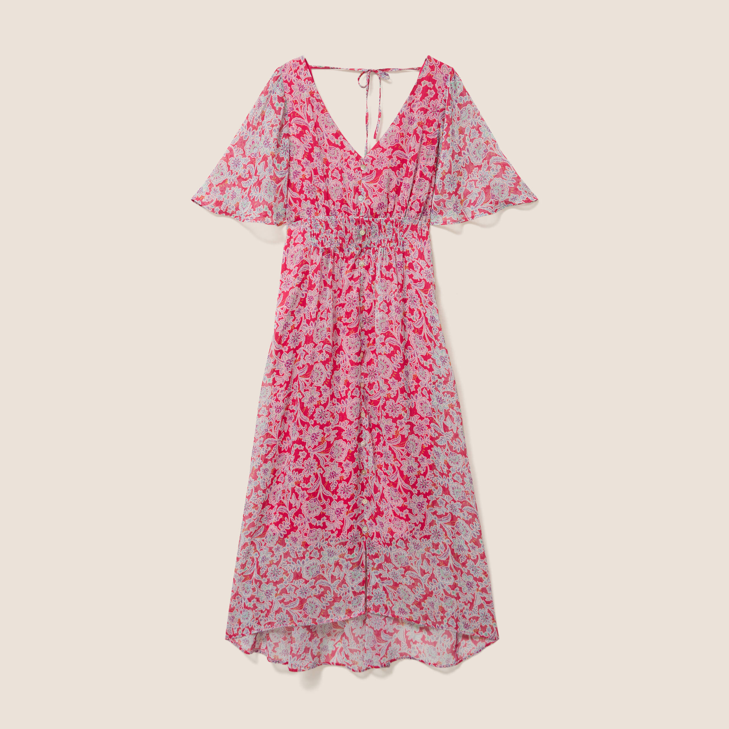Robe longue &eacute;vas&eacute;e col v manches coudes rose femme