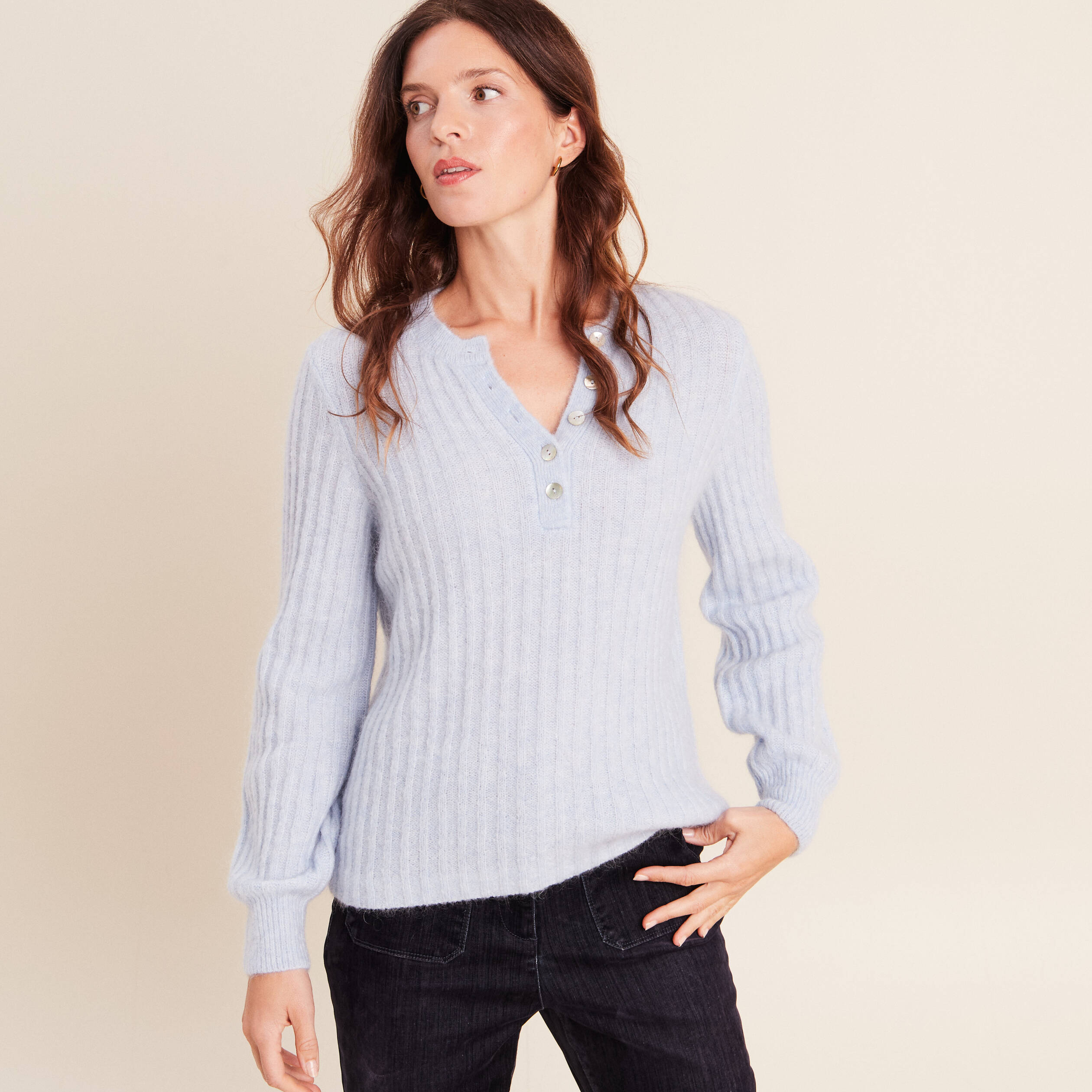 Pull col tunisien denim snow gris femme