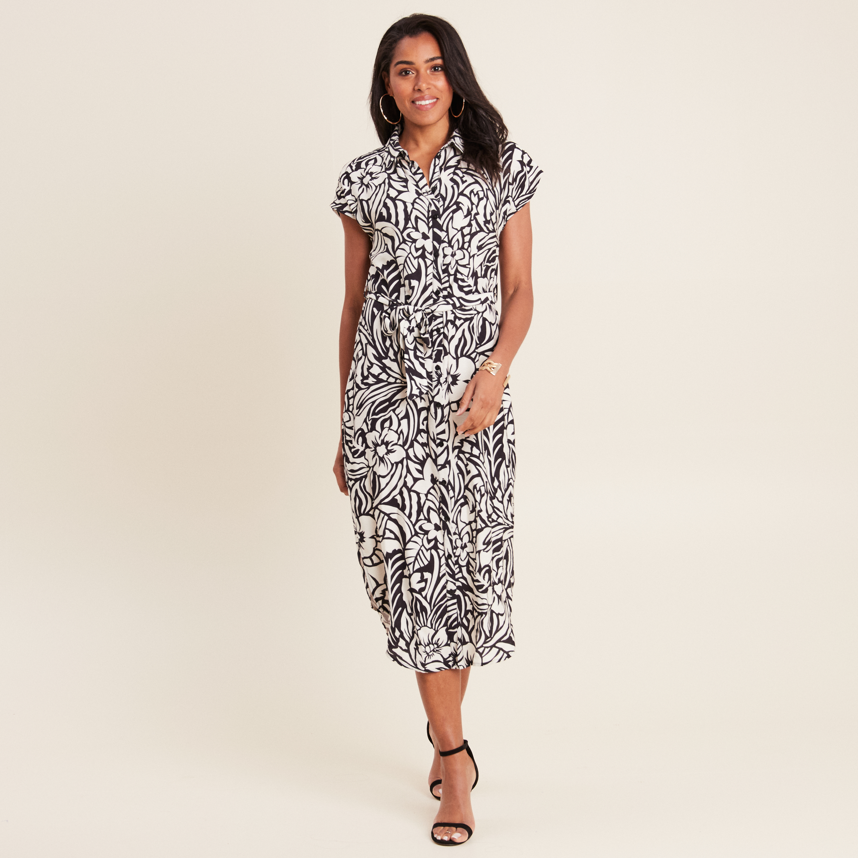 Robe chemise midi ceinturée noir femme