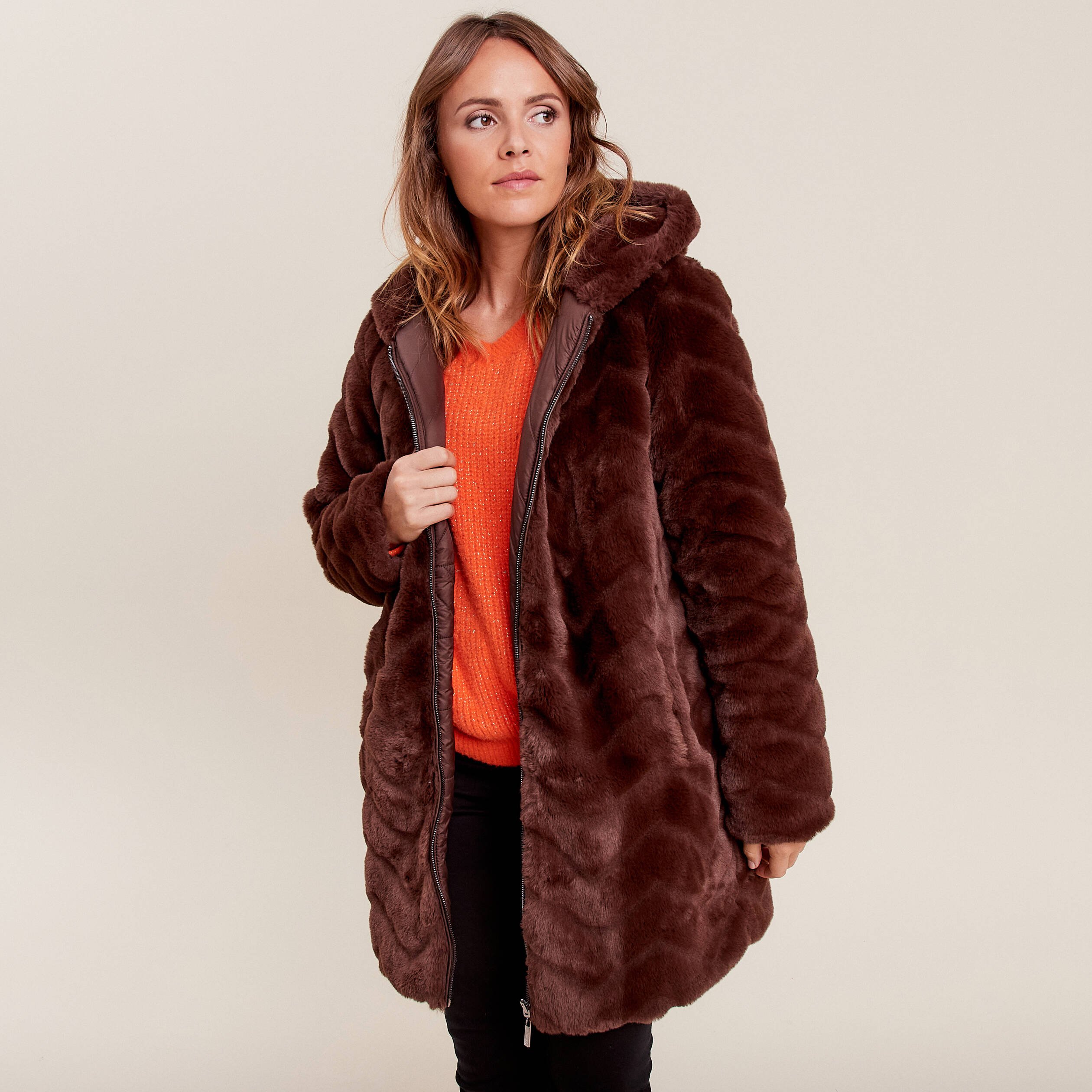 Manteau fausse fourrure réversible marron foncé femme