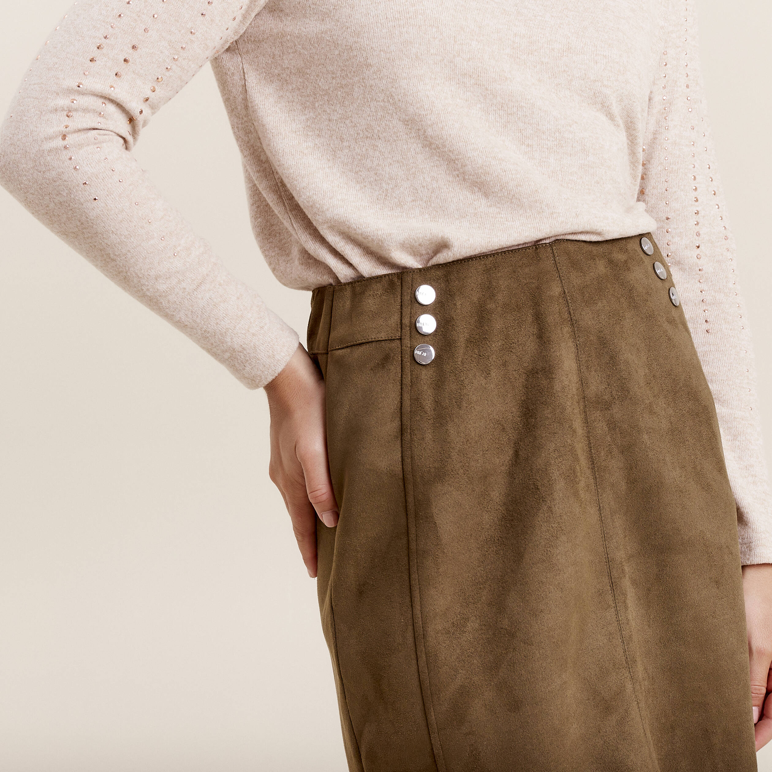 Jupe droite suédine vert olive femme