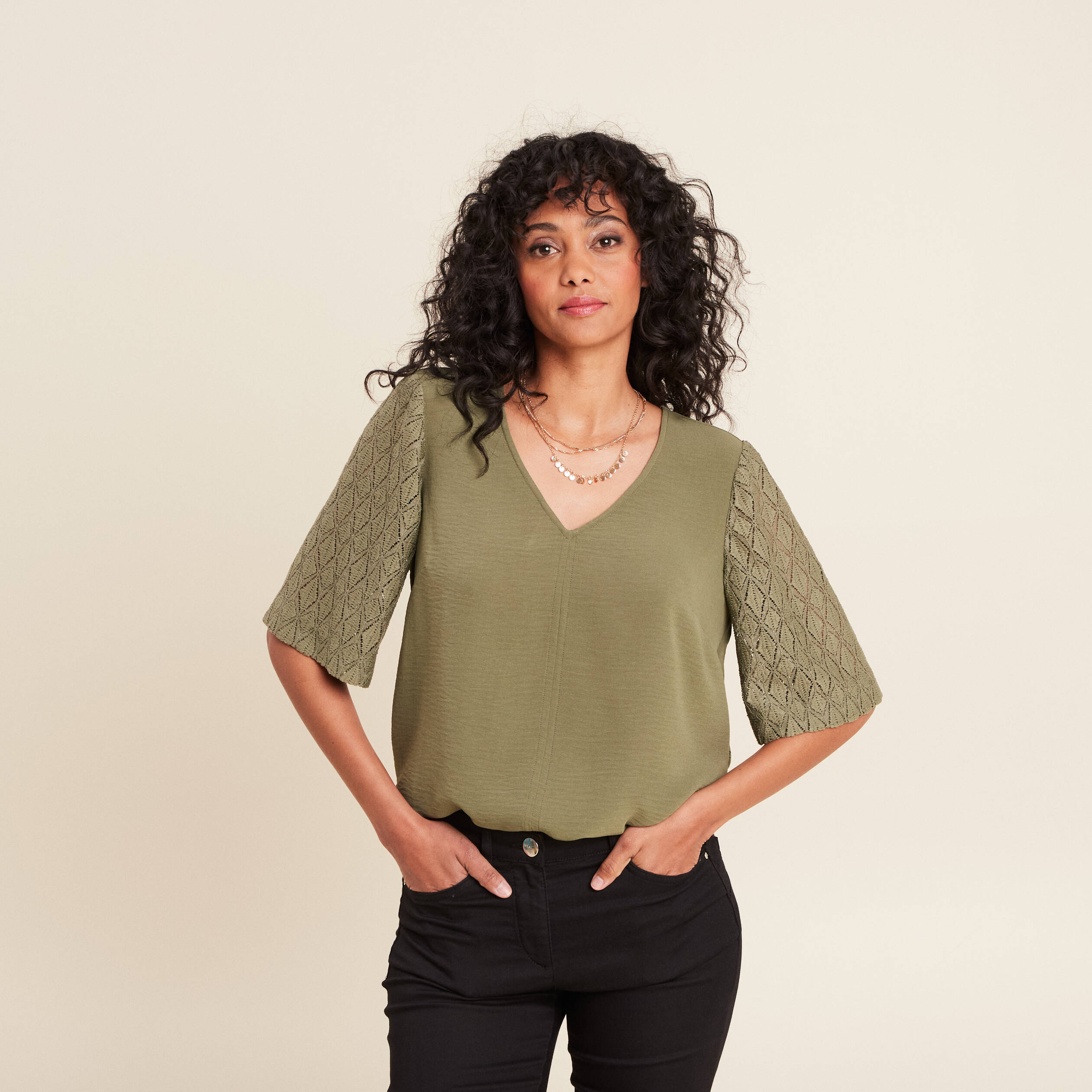Blouse manches 3/4 vert kaki femme