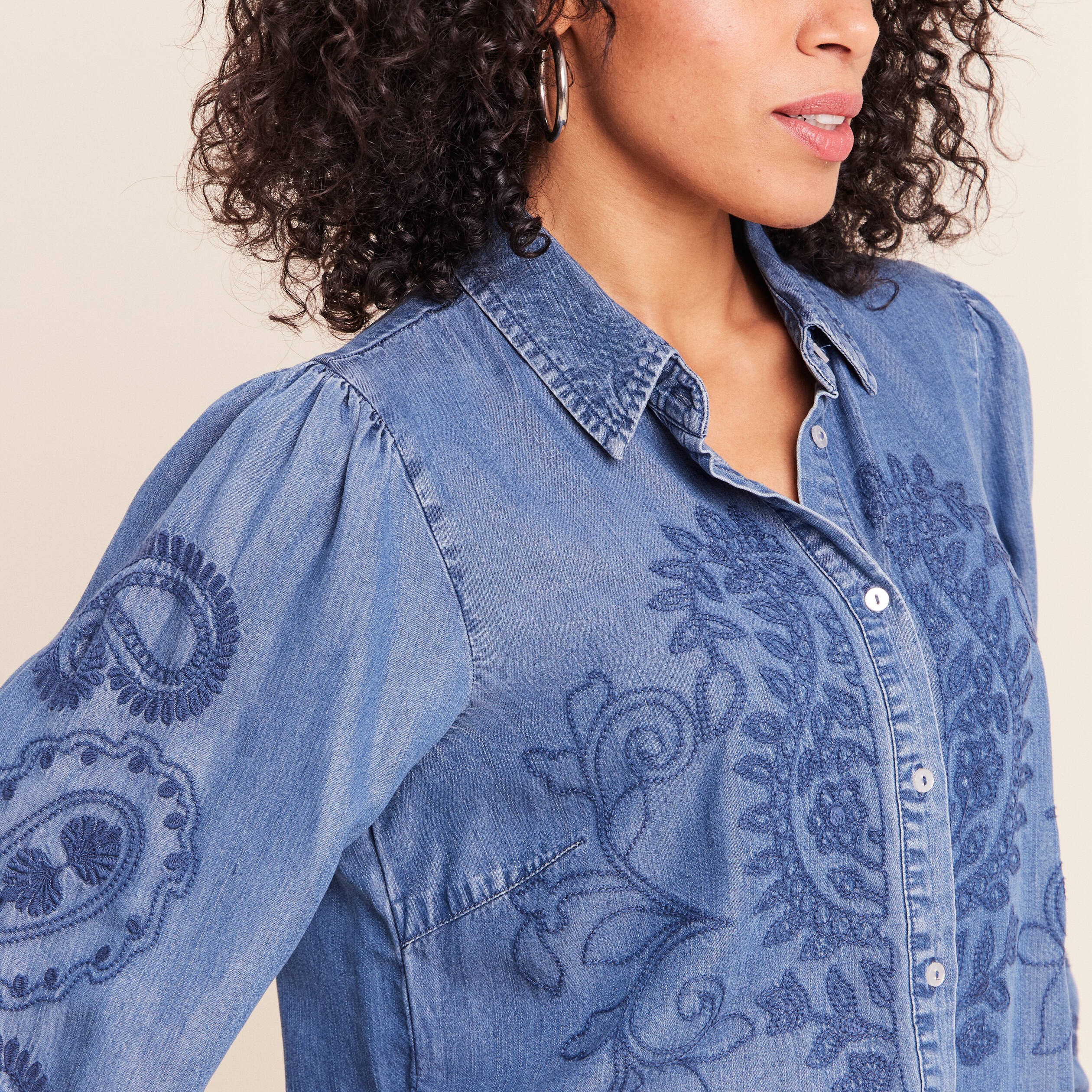 Chemise broderie manches longues denim double stone femme
