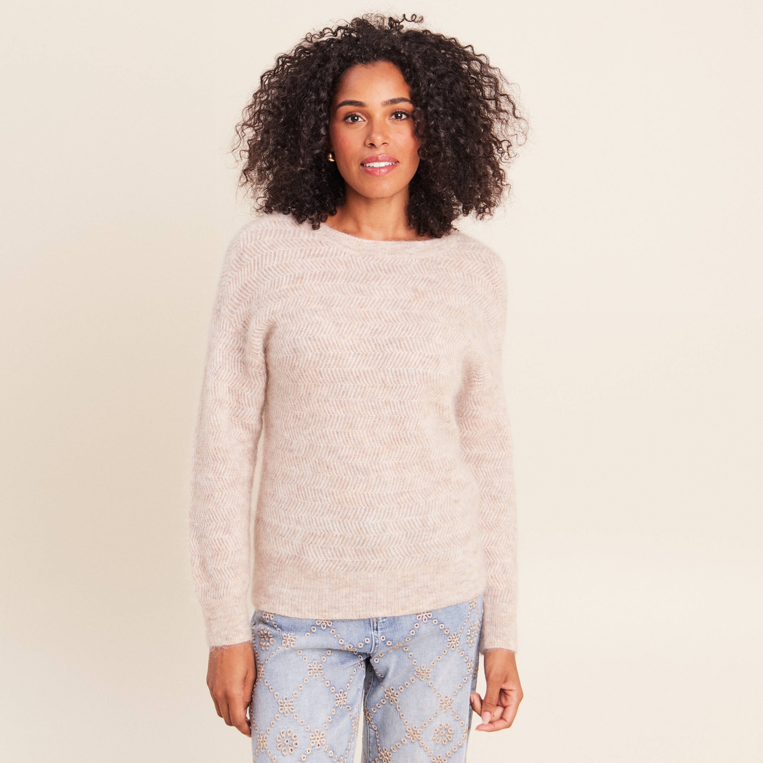 Pull droit col rond manches longues creme femme