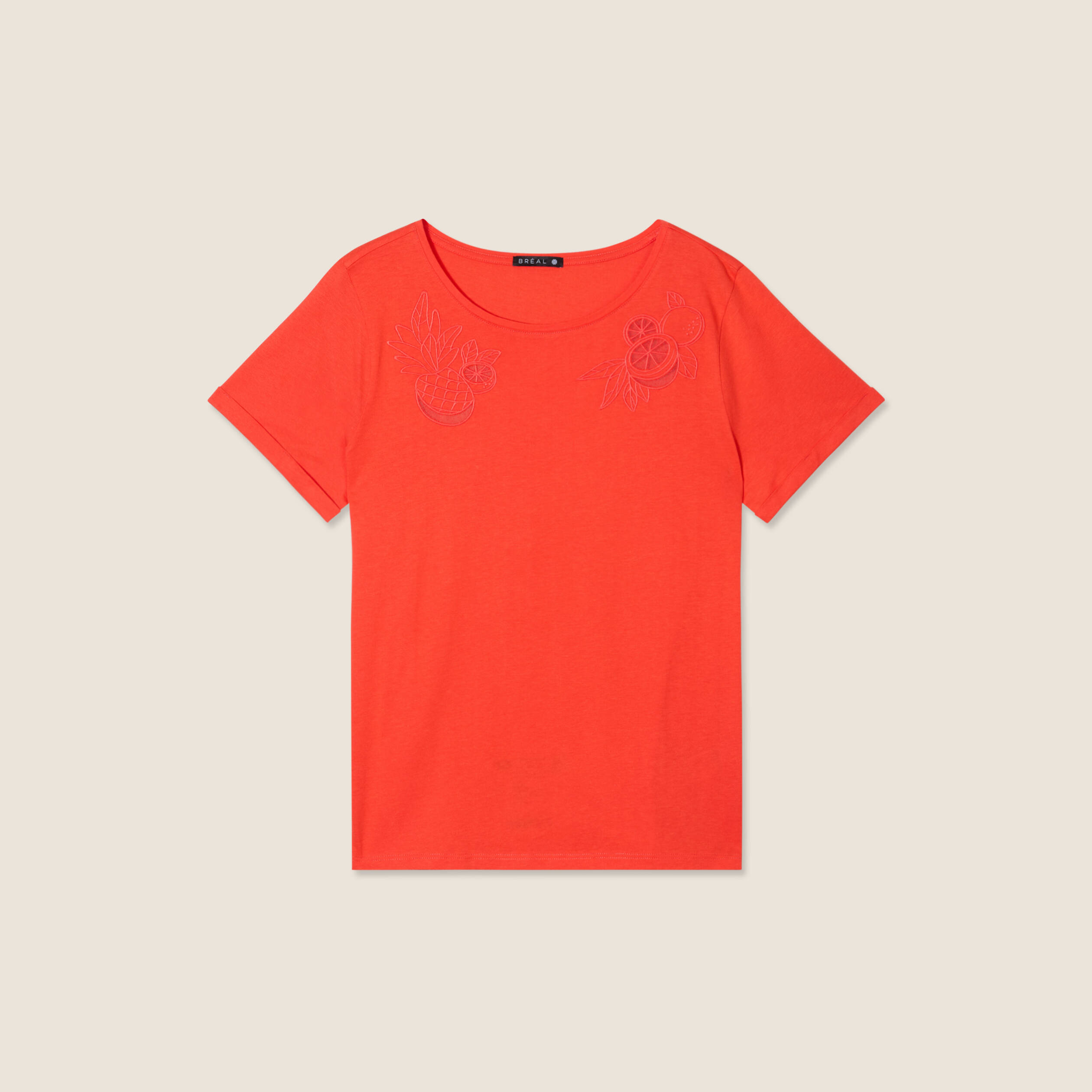 T-shirt manches courtes brodé orange foncé femme