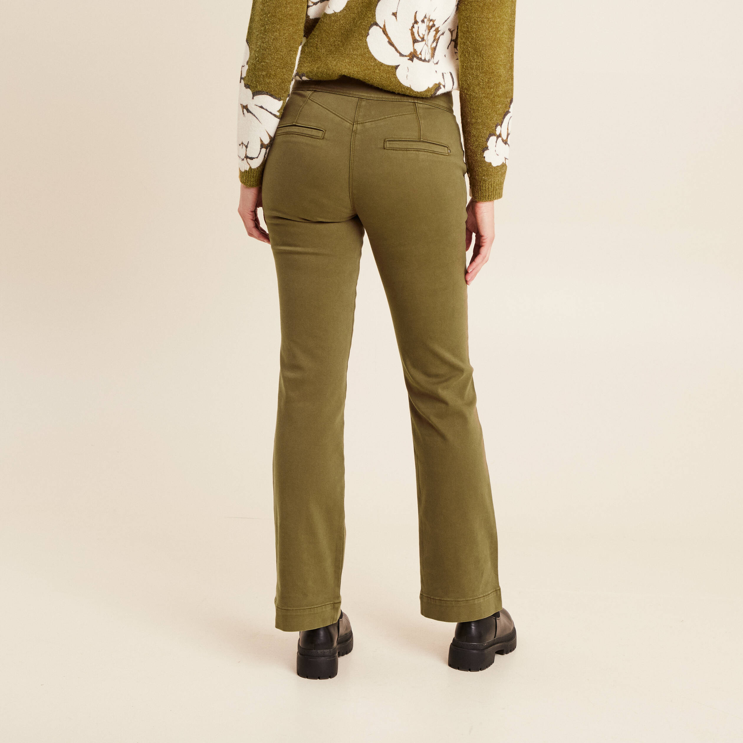 Pantalon coupe bootcut &agrave; pont vert olive femme