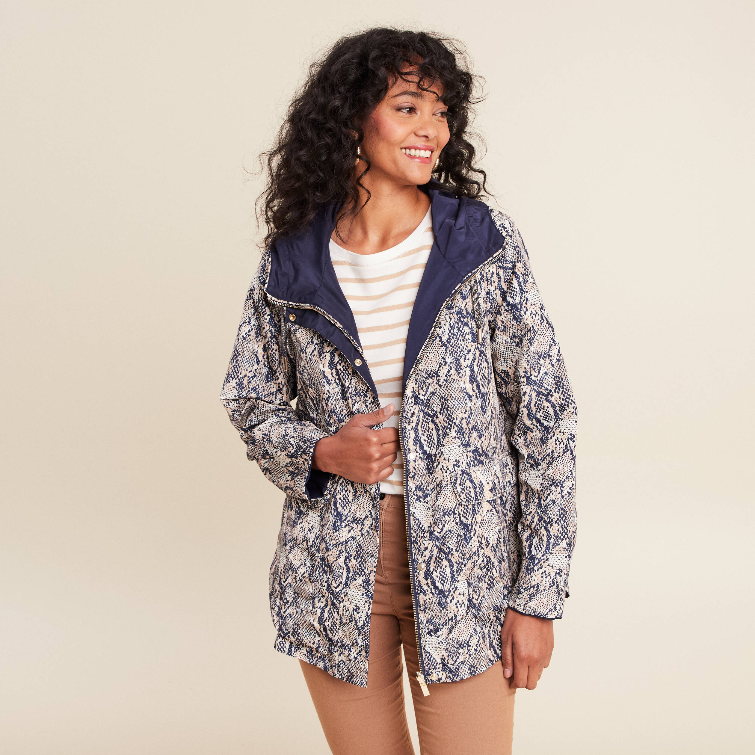 parka cintrée réversible à capuche beige femme