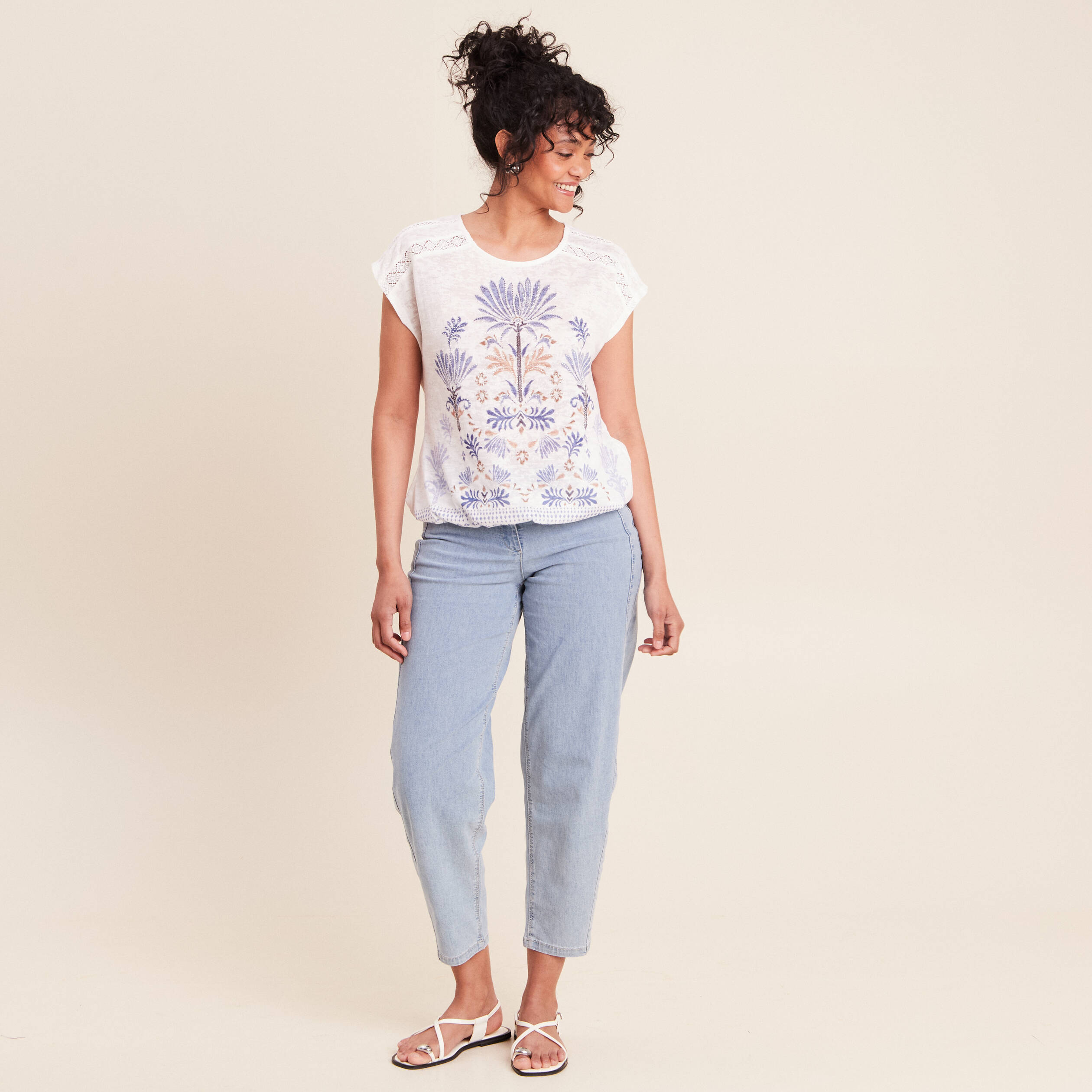 T-shirt col rond manches courtes ecru femme