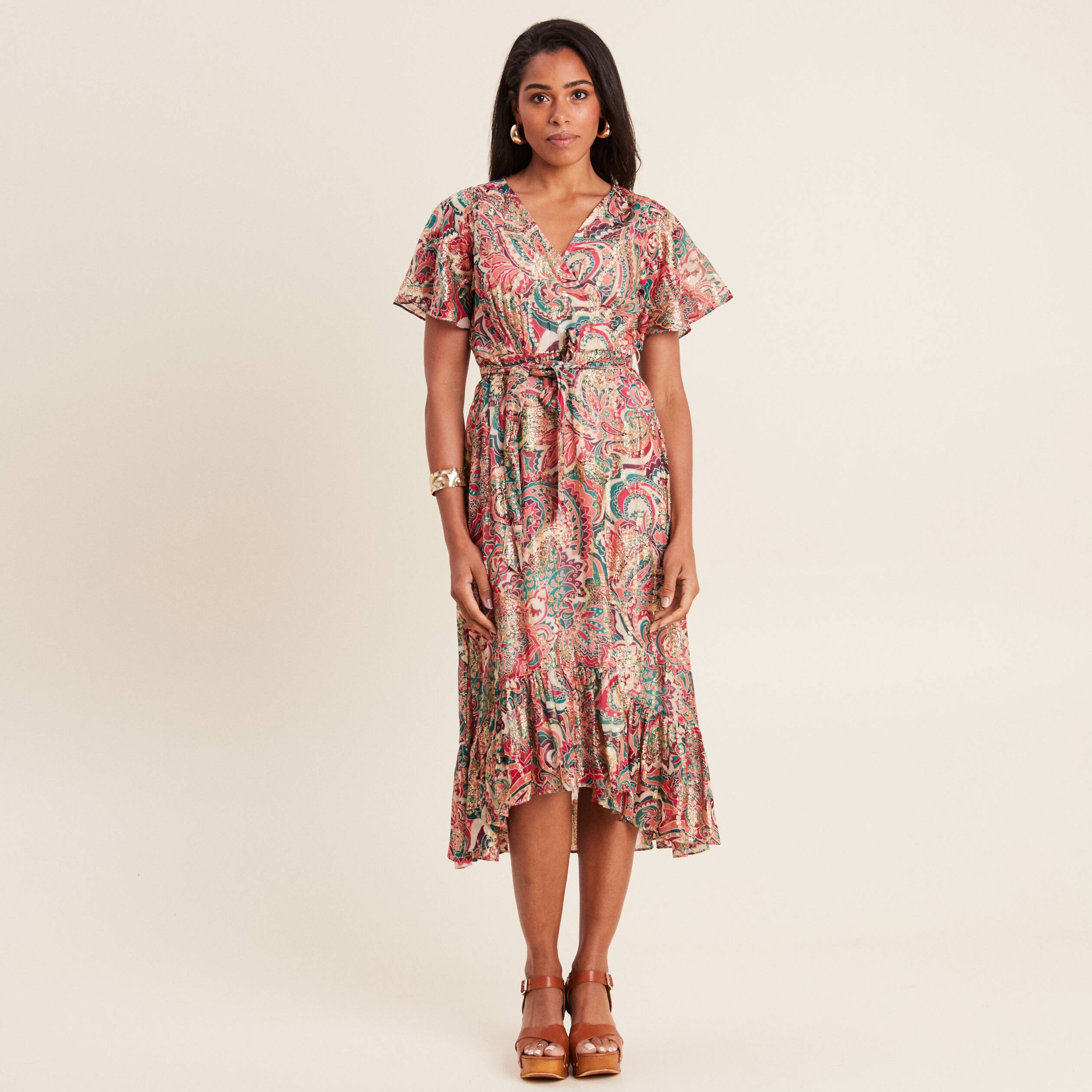 Robe longue évasée fluide rose femme