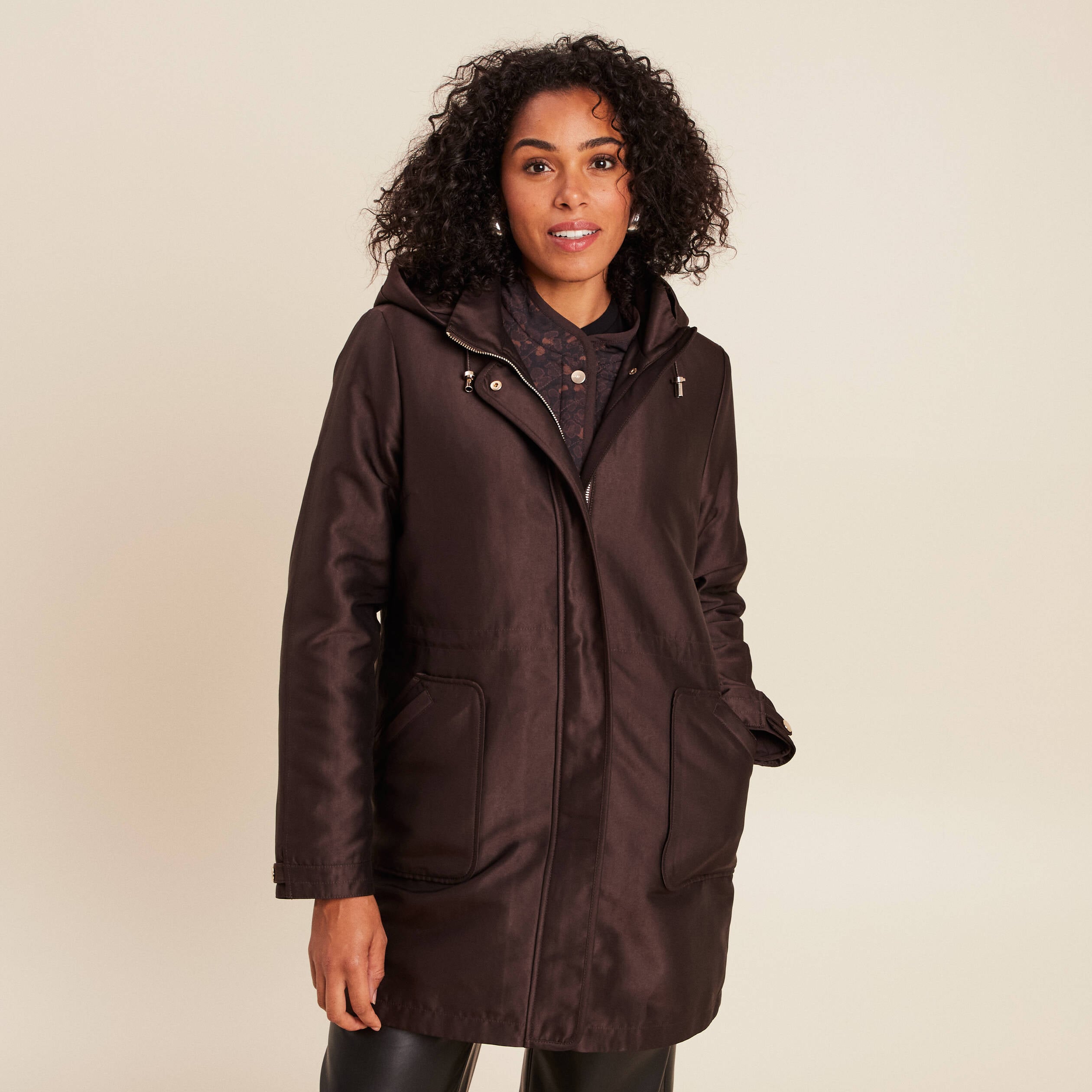 Parka cintr&eacute;e 4 en 1 avec capuche marron fonc&eacute; femme