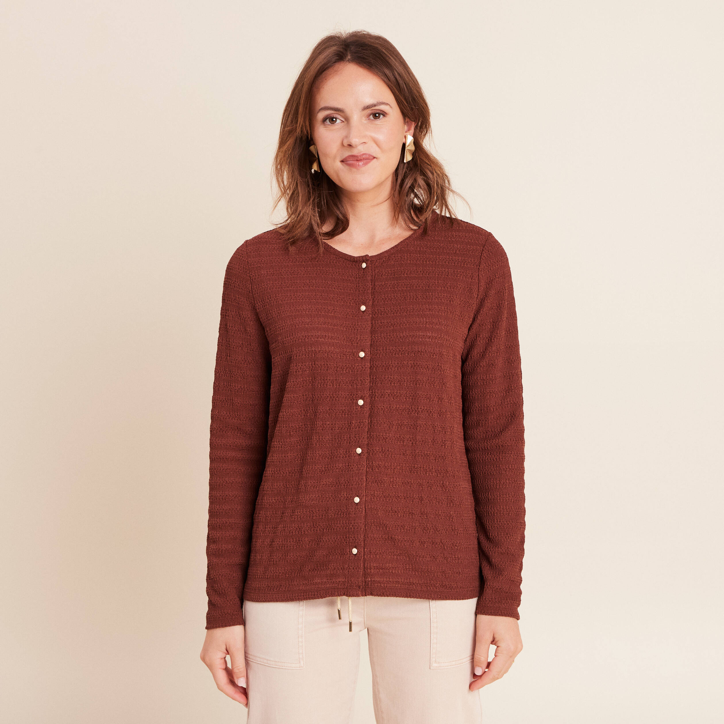 T-shirt manches longues aspect dentelle marron femme