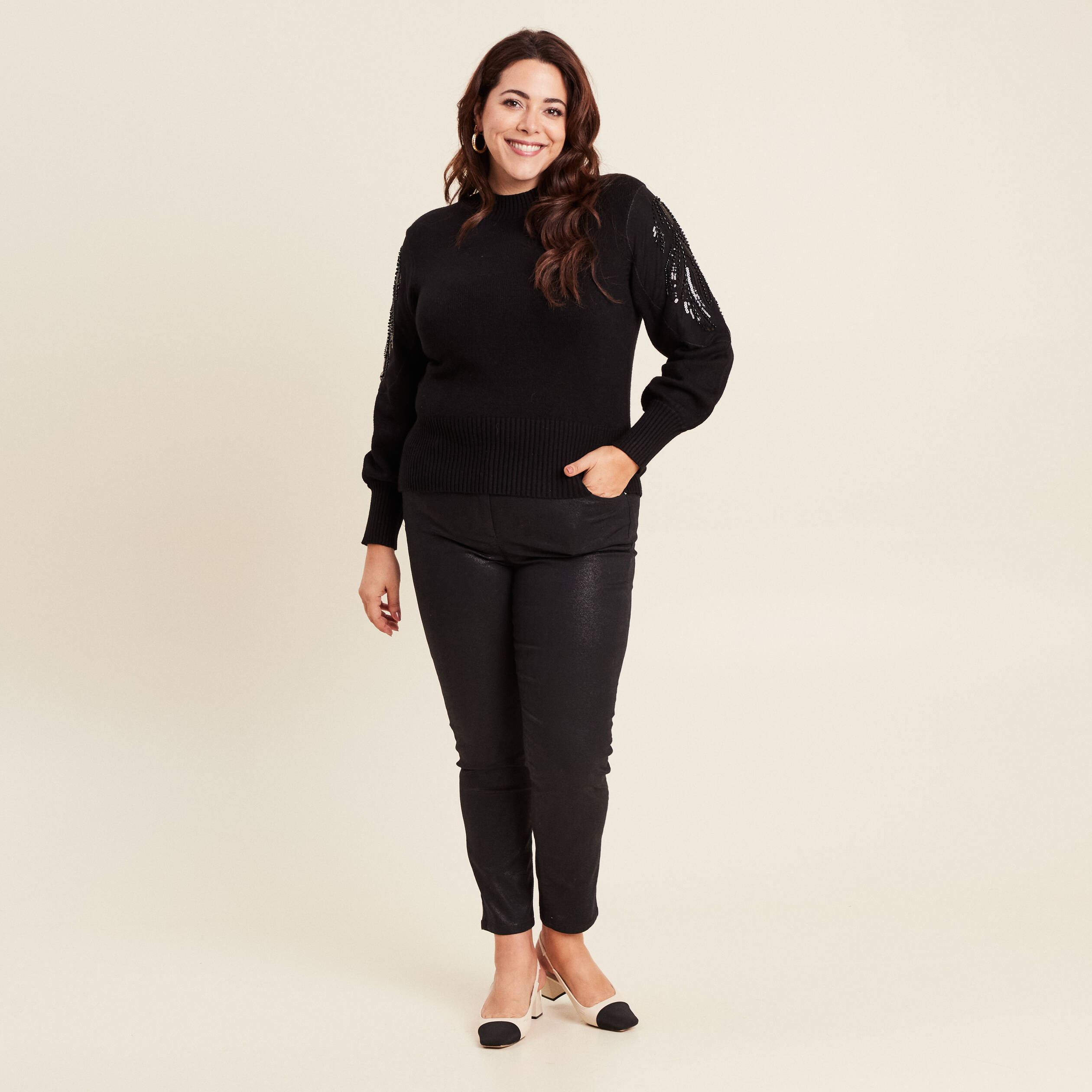 Pull manches longues sequins noir femme