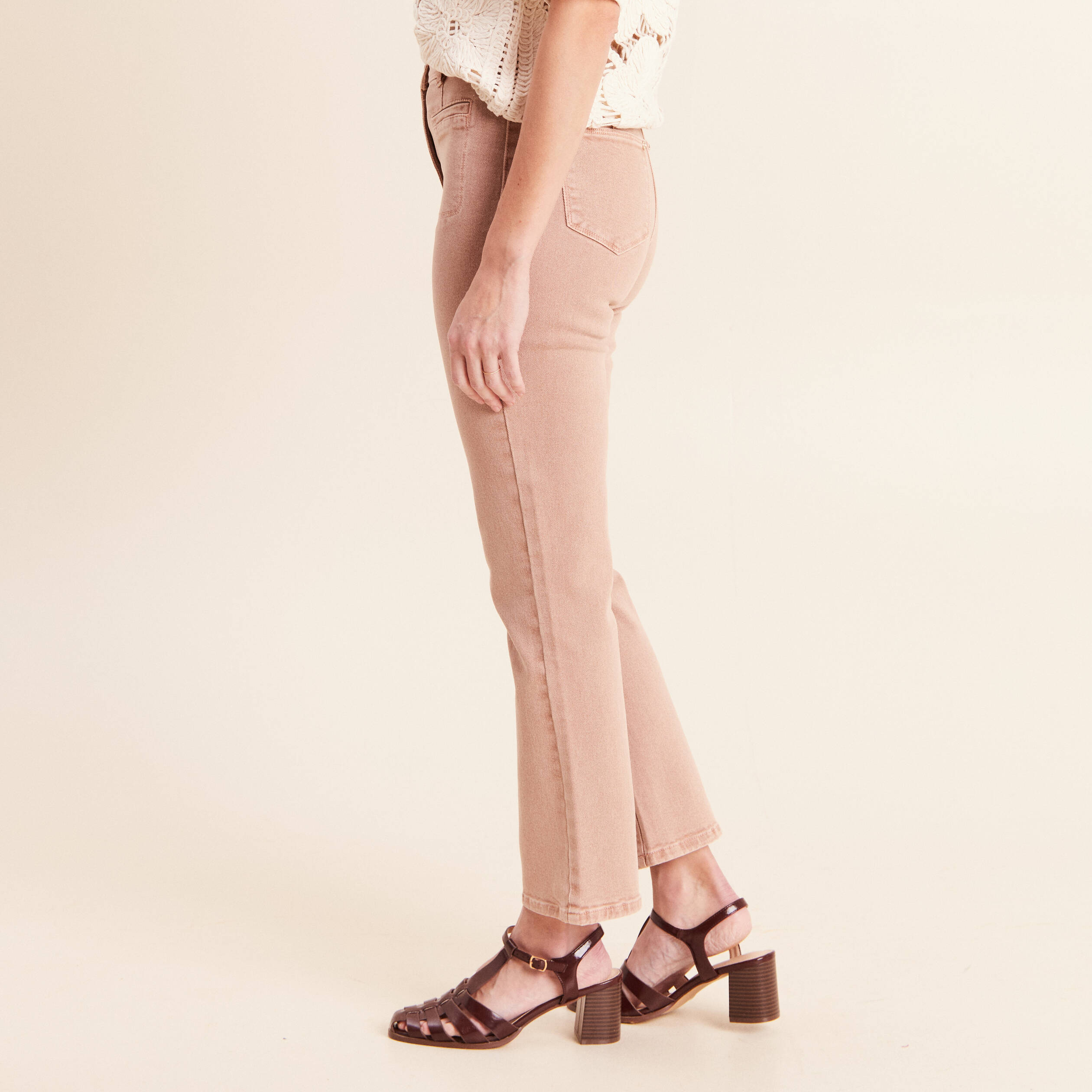 Jean bootcut taille haute marron clair femme