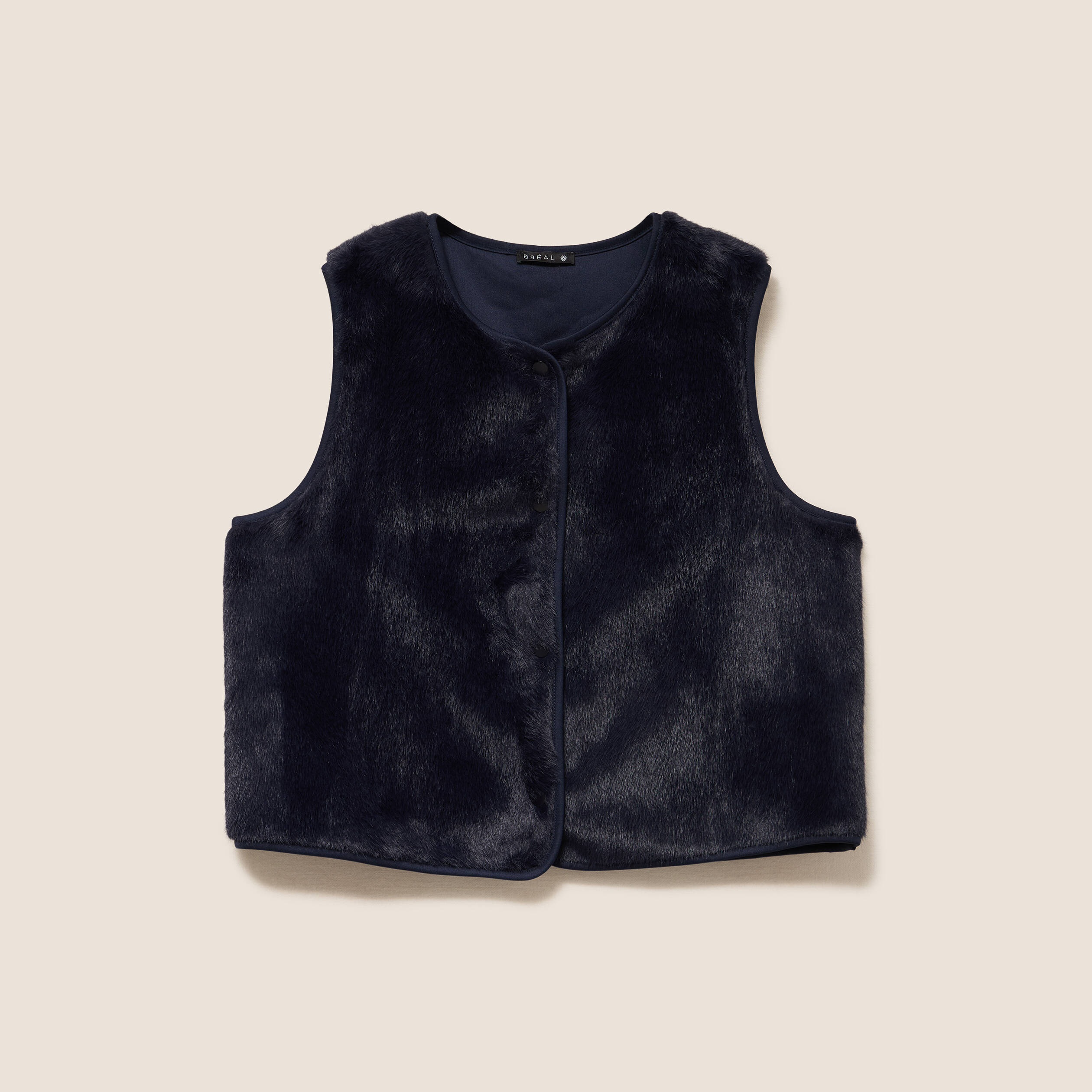 Gilet droit sans manches fausse fourrure bleu fonc&eacute; femme