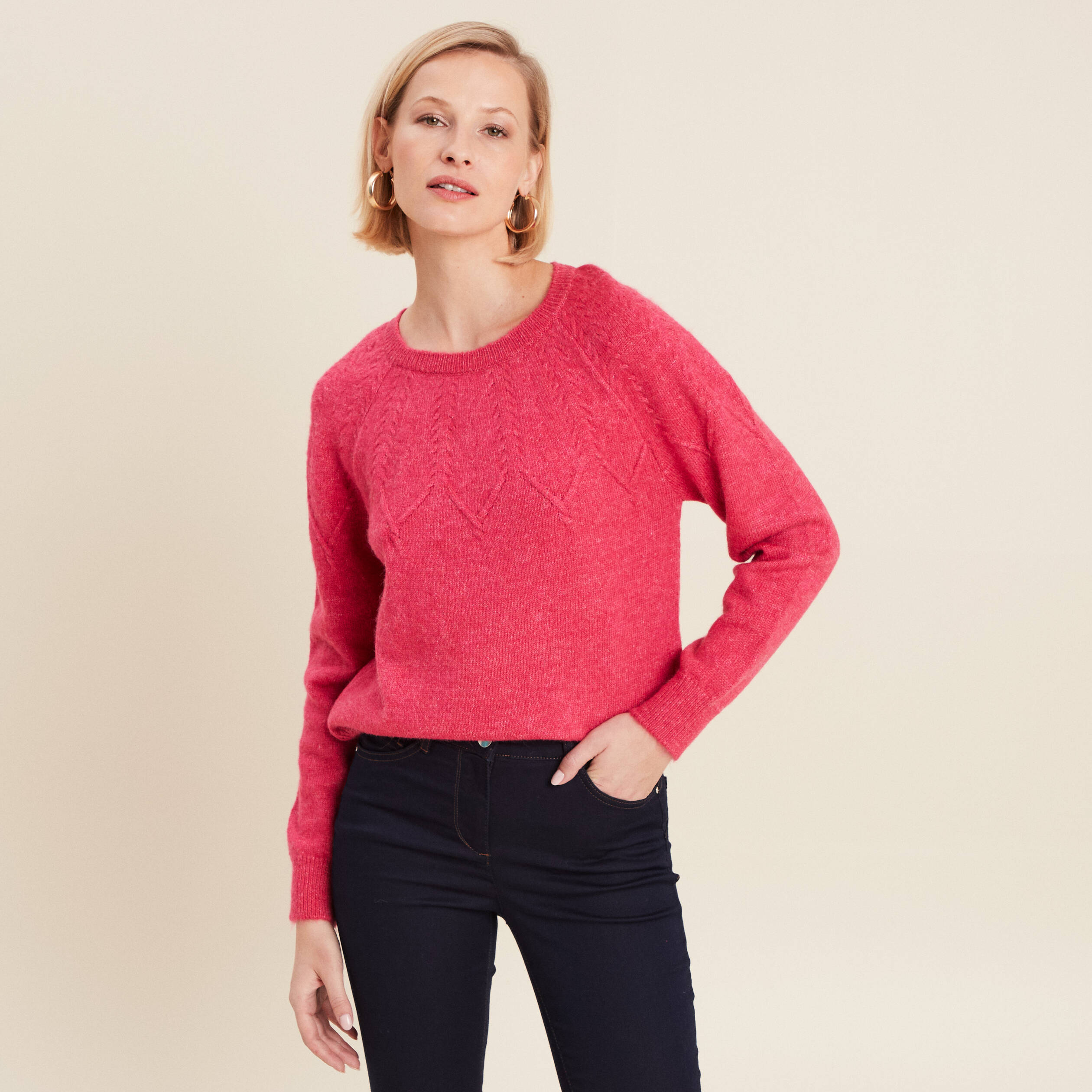 Pull manches longues rose framboise femme