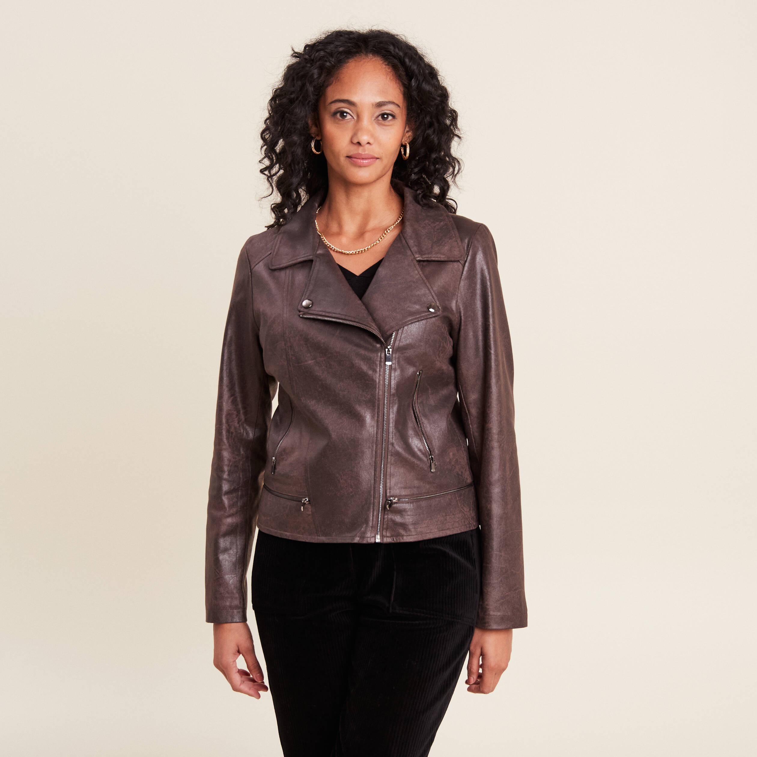 veste esprit motard zippee marron fonce femme Veste esprit motard zippée marron foncé femme