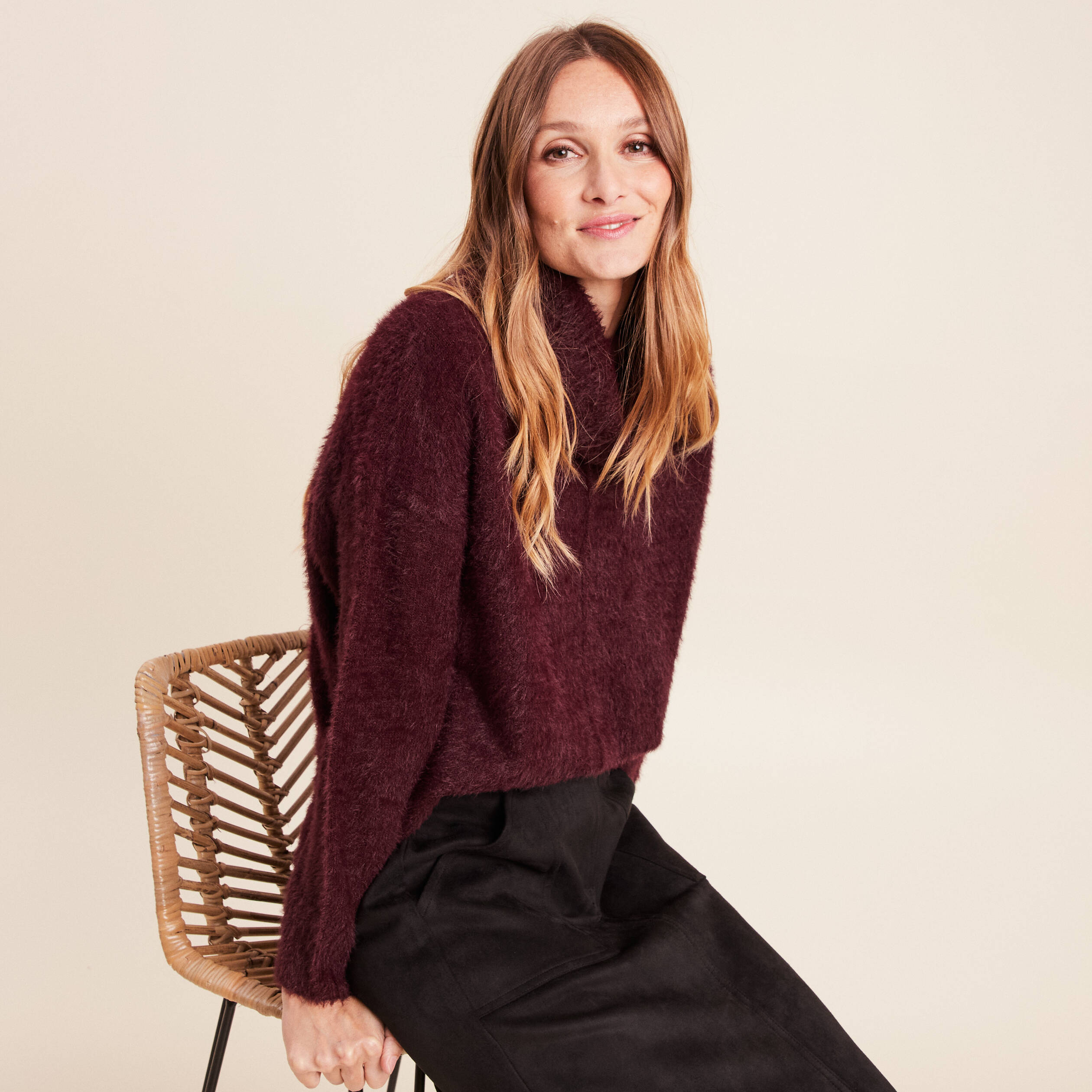 Pull manches longues bordeaux femme