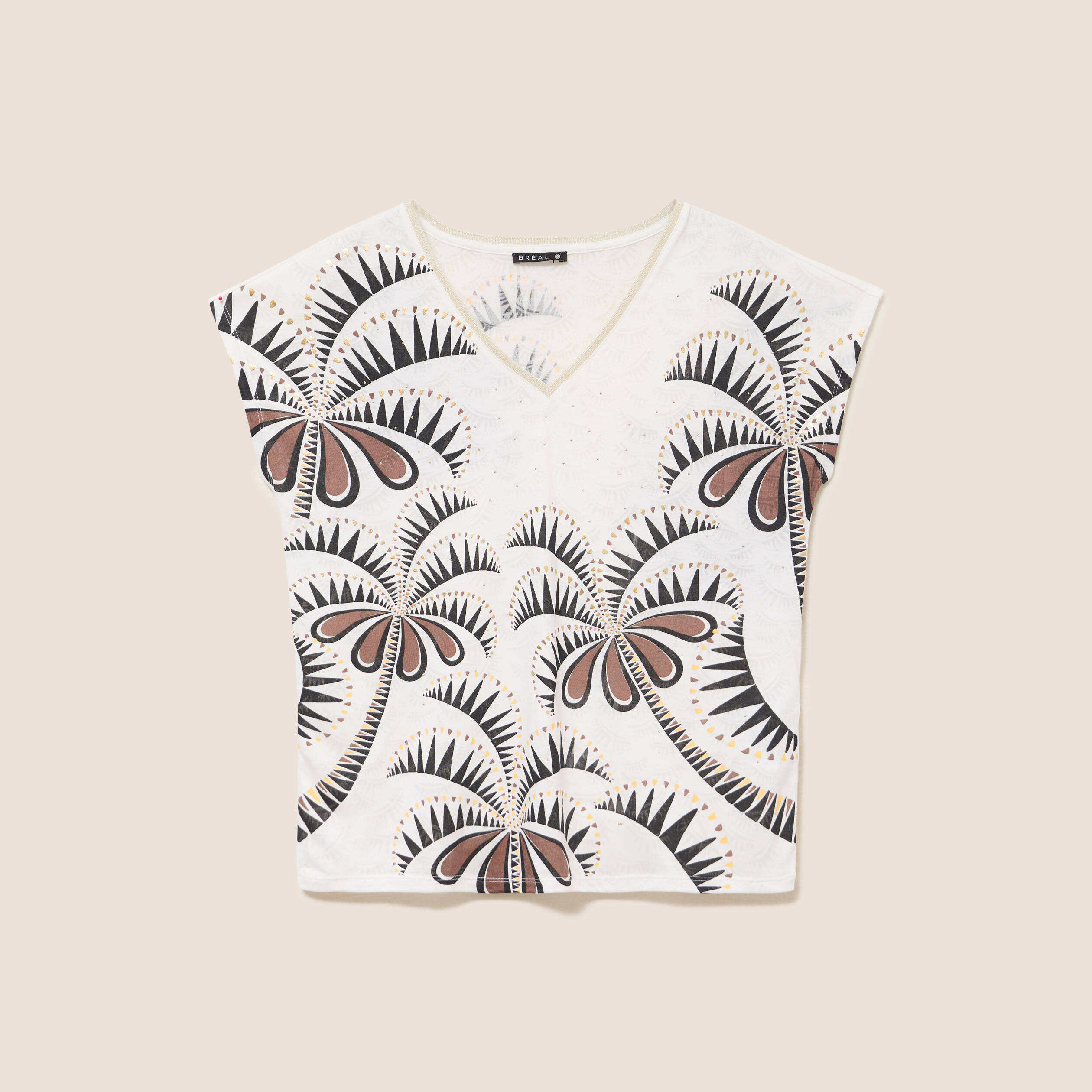 T-shirt col v manches courtes ecru femme