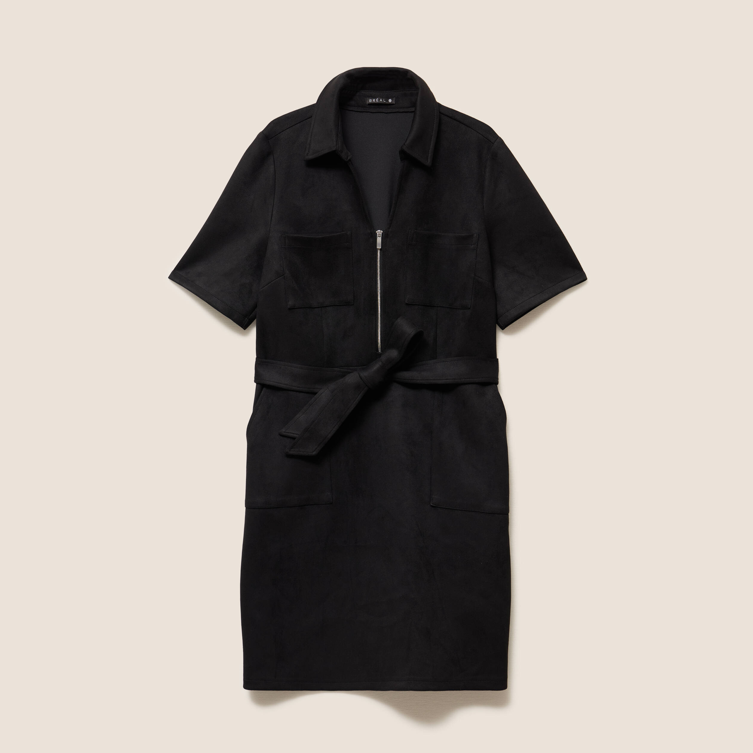 Robe droite courte manches coudes daim noir femme