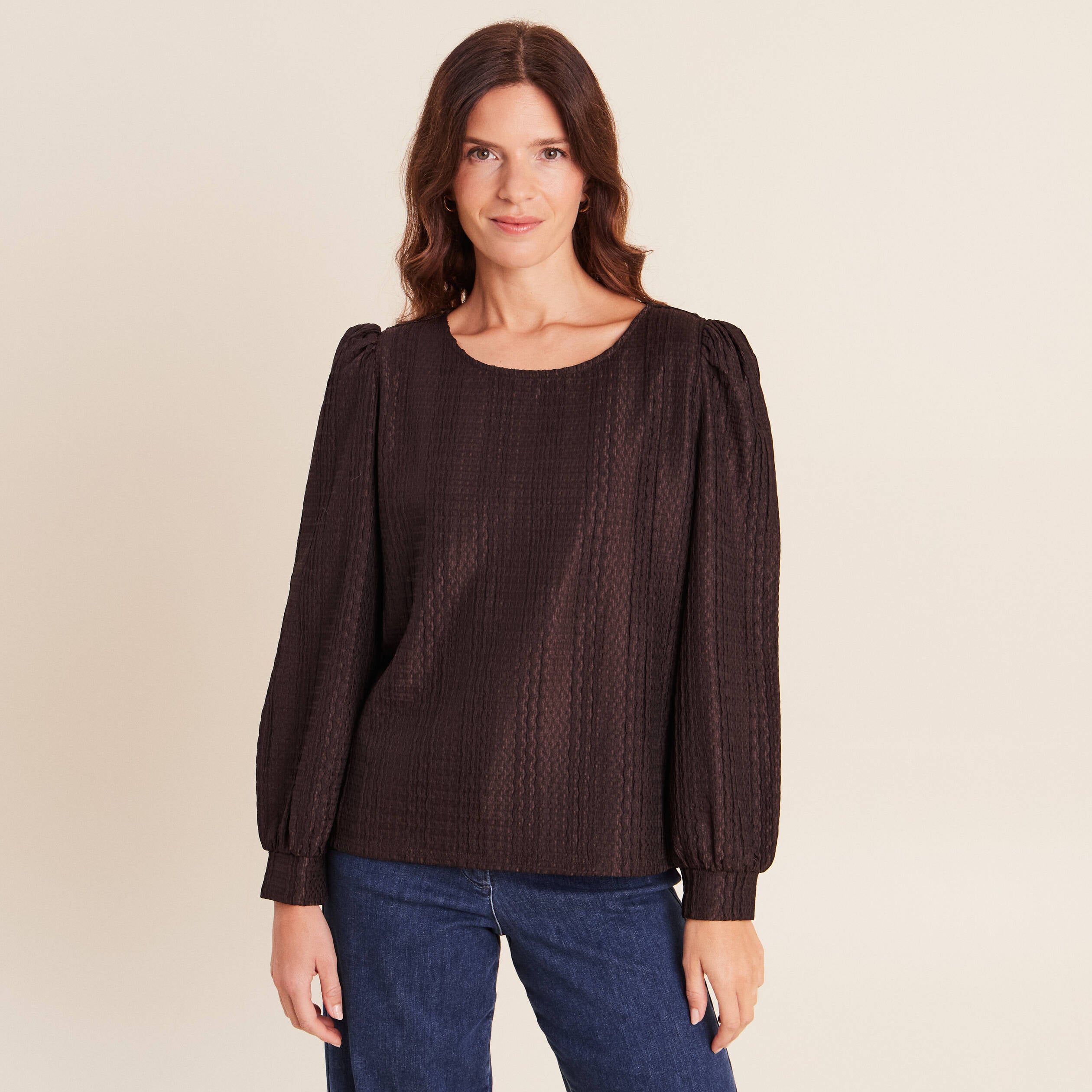 Blouse manches longues marron fonc&eacute; femme