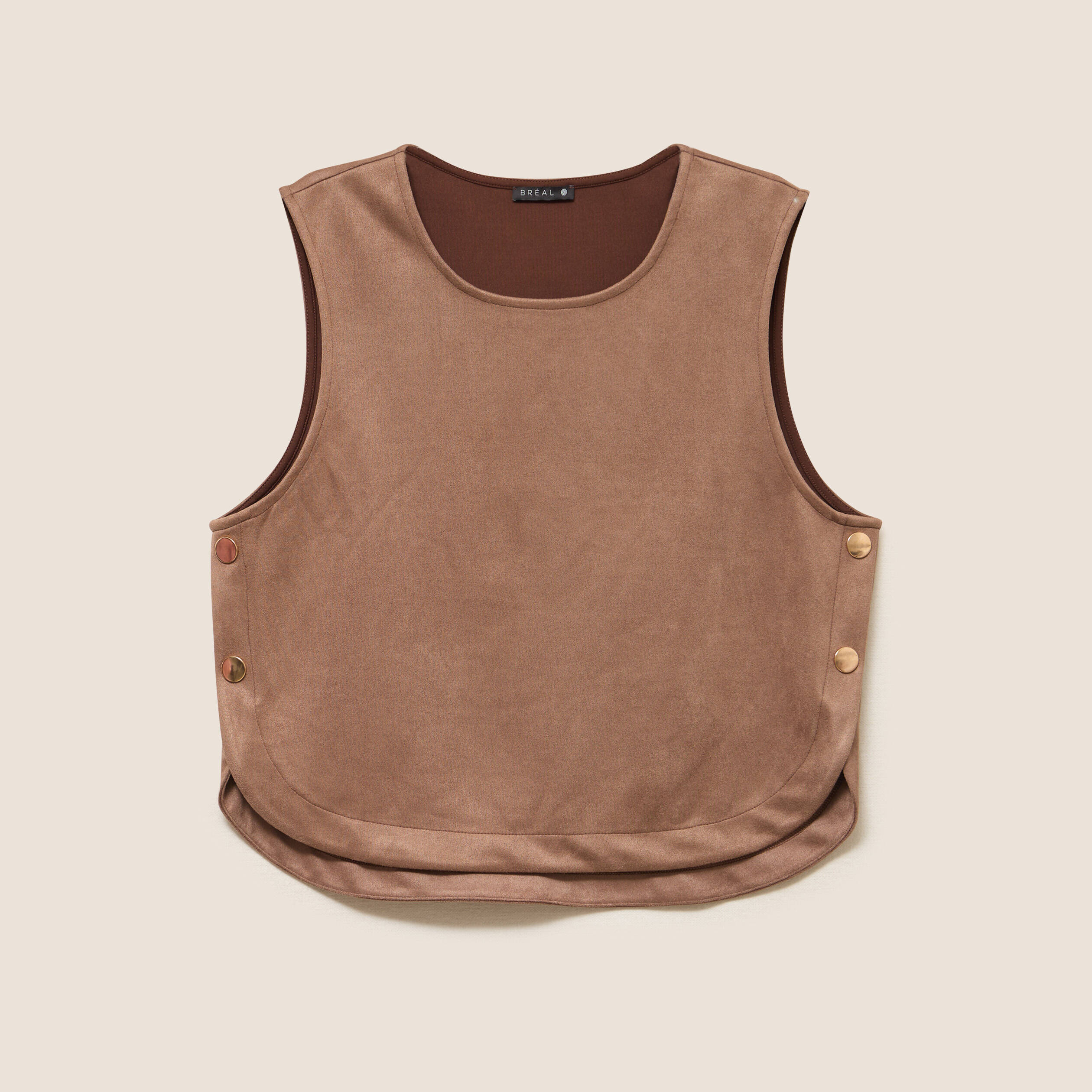 Top cintr&eacute; sans manches col rond camel femme