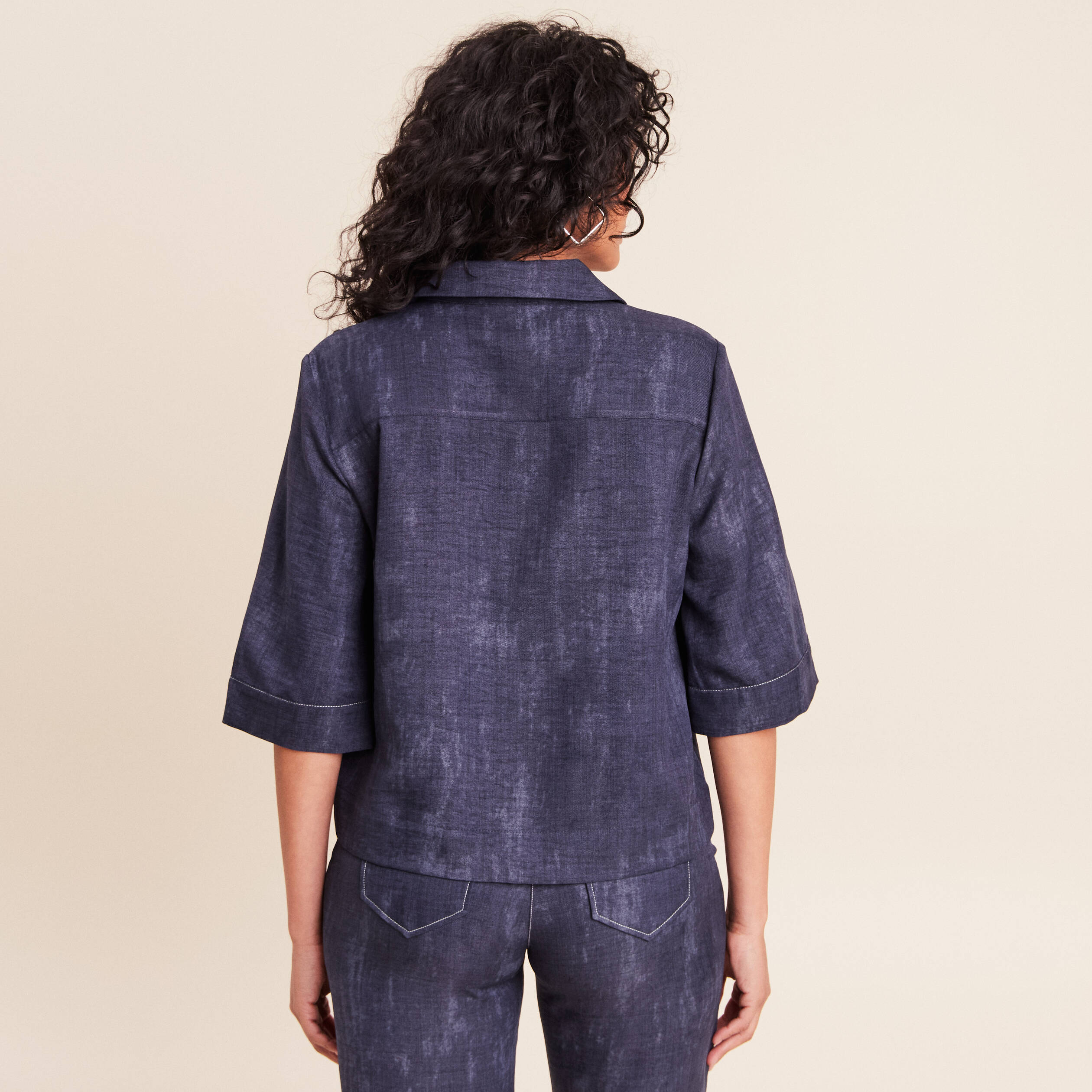 Chemise col chemise manches 3/4 bleu femme