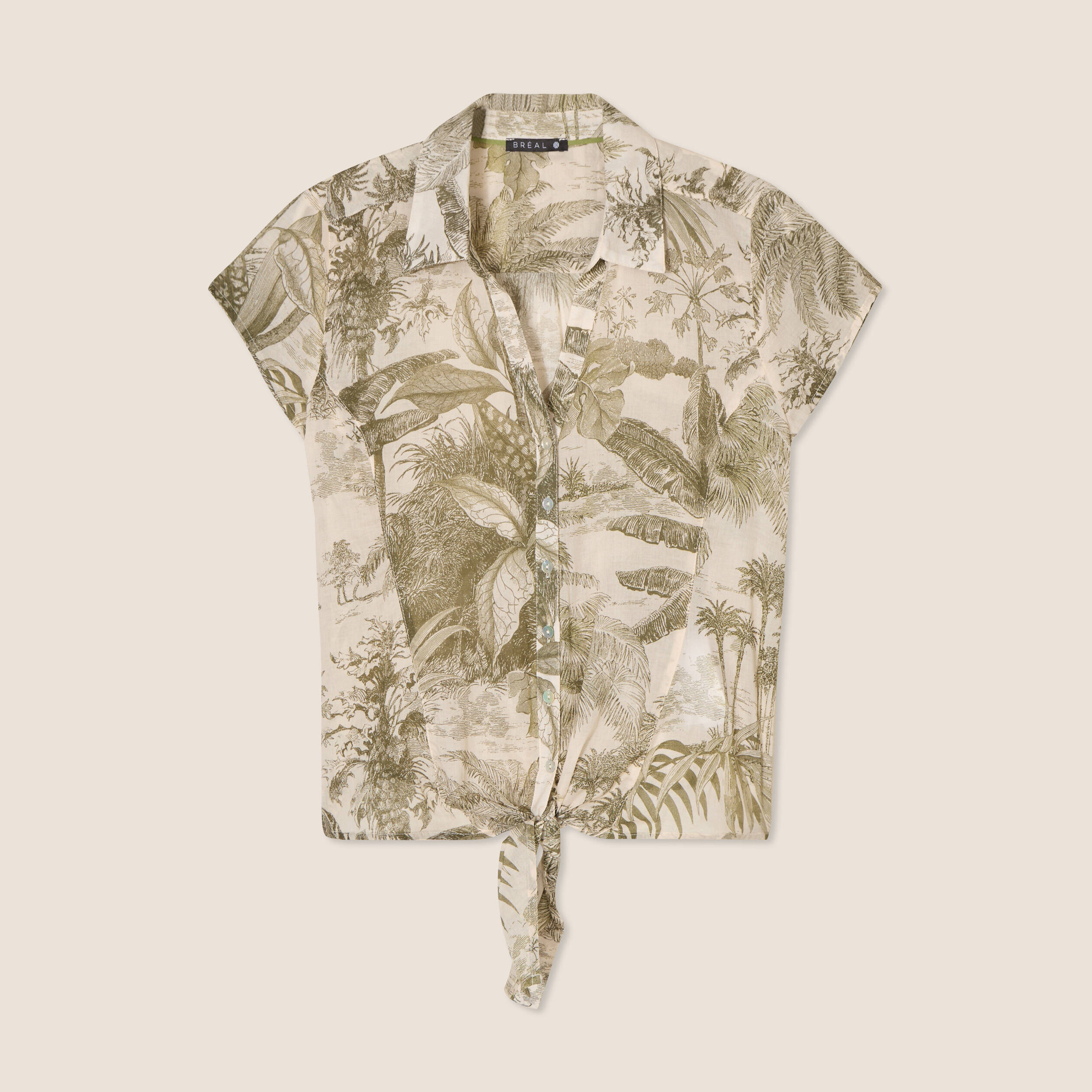 Chemise manches courtes nouée vert kaki femme