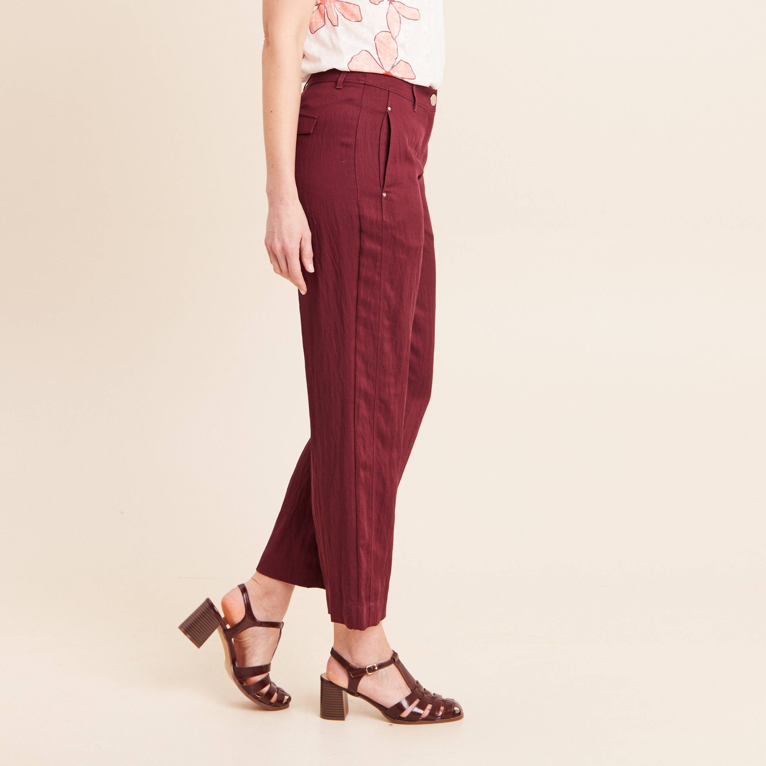Pantalon large 7/8&egrave;me ceintur&eacute; prune femme