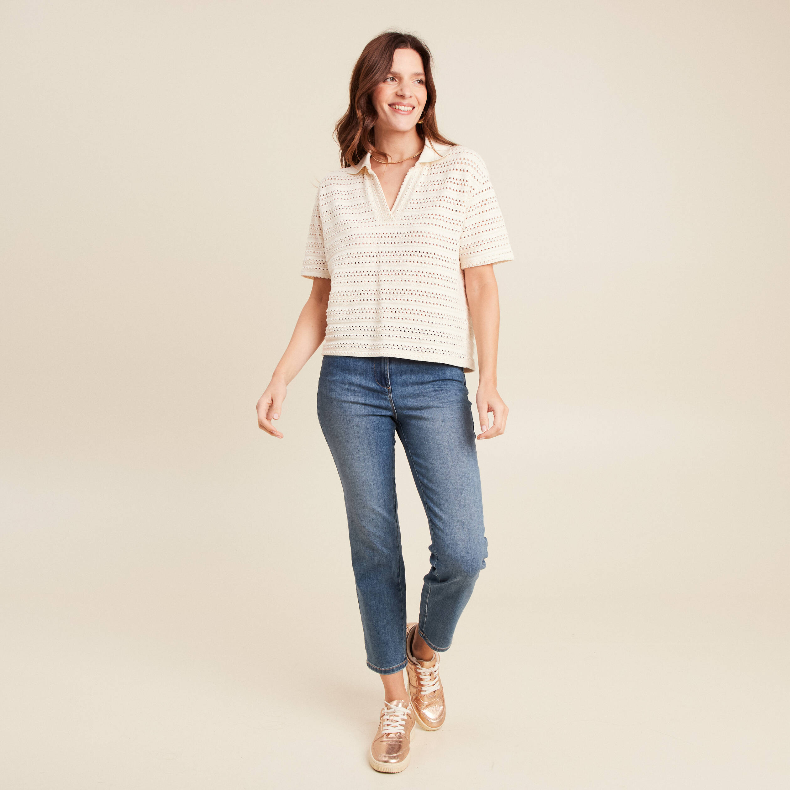 t shirt ample macrame manches courtes ecru femme T-shirt ample macramé manches courtes ecru femme