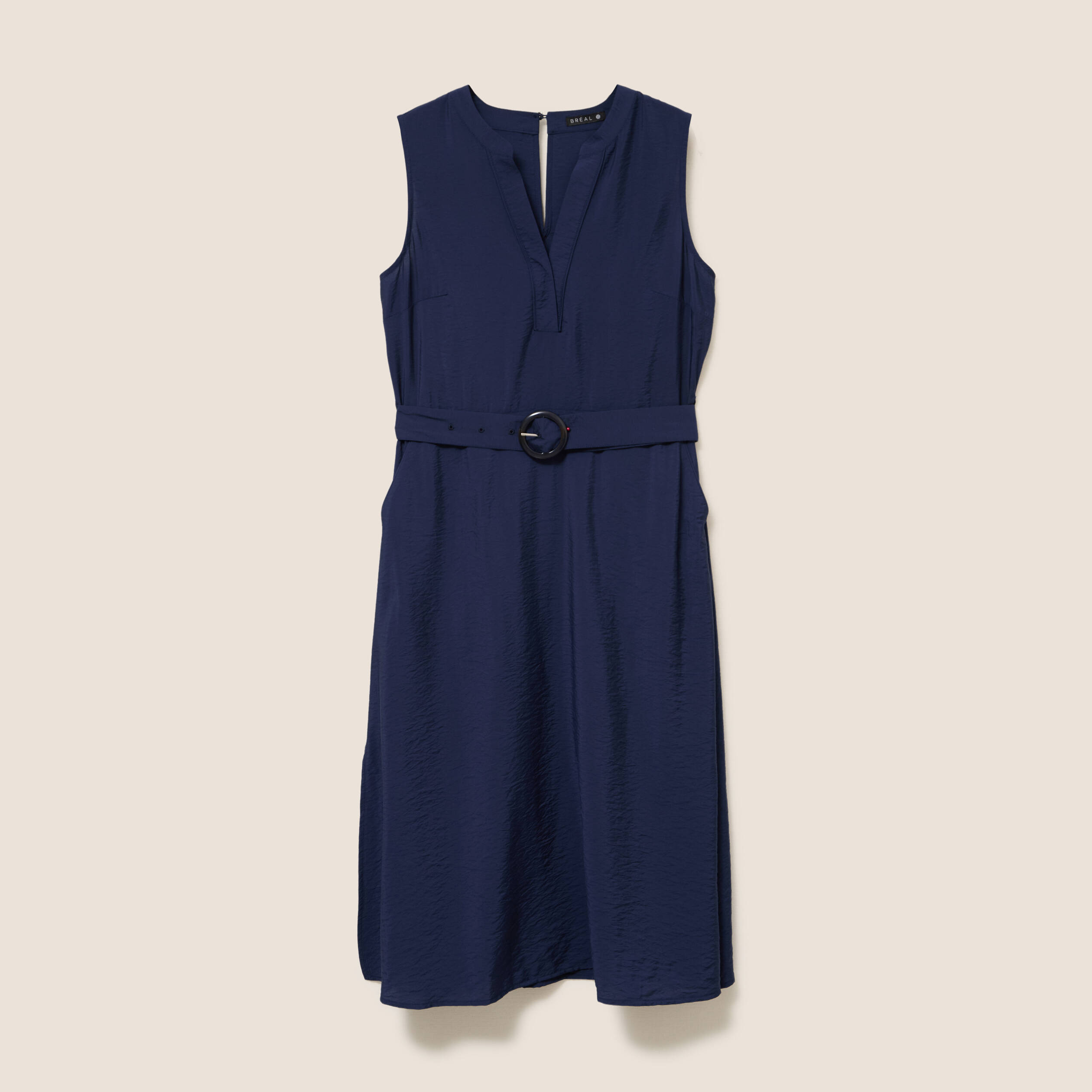 Robe &eacute;vas&eacute;e 3/4 sans manches ceinture bleu marine femme