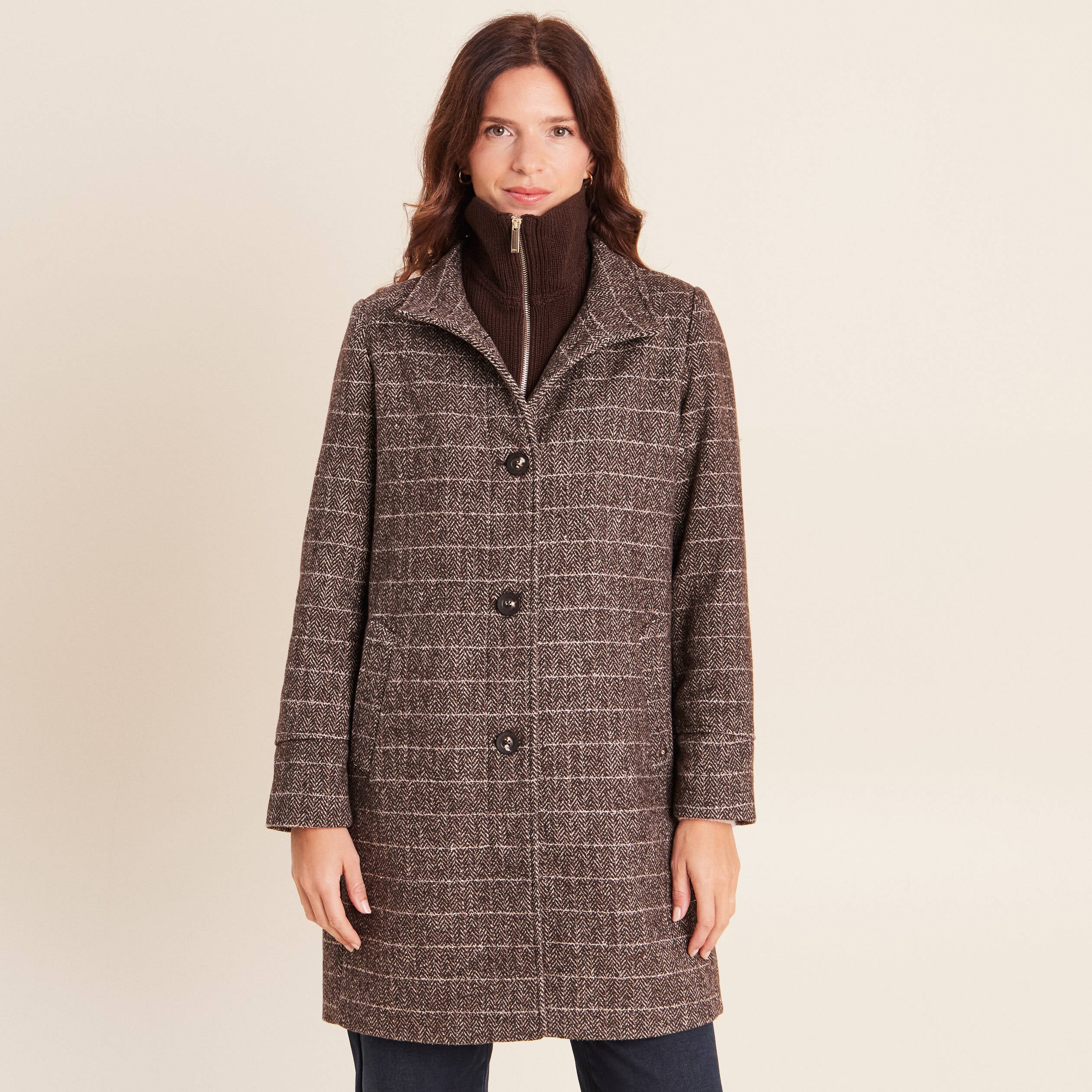 Manteau col montant doubl&eacute; marron femme