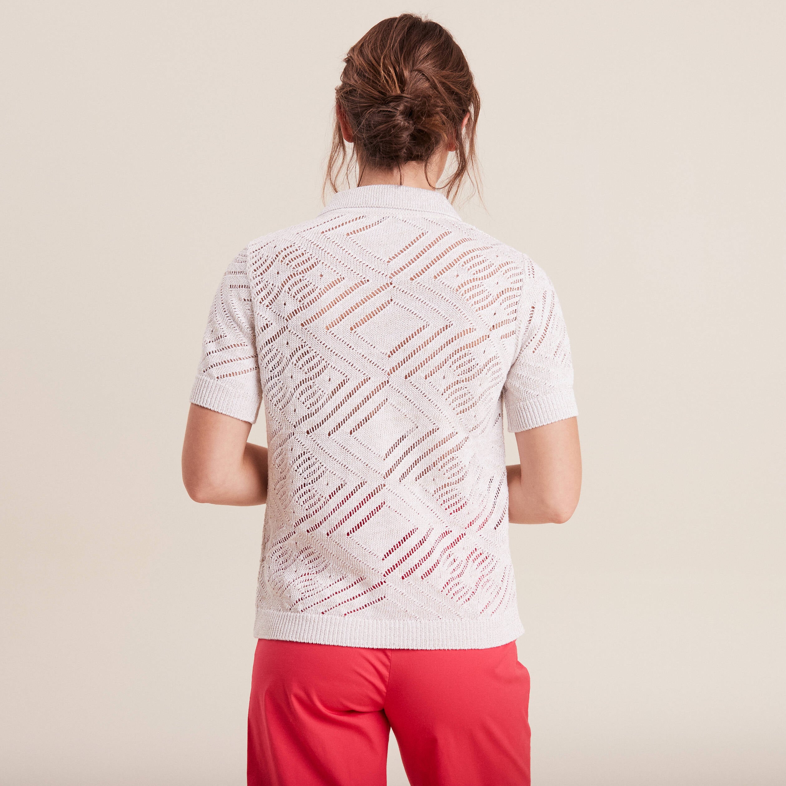 Pull manches courtes col polo ecru femme