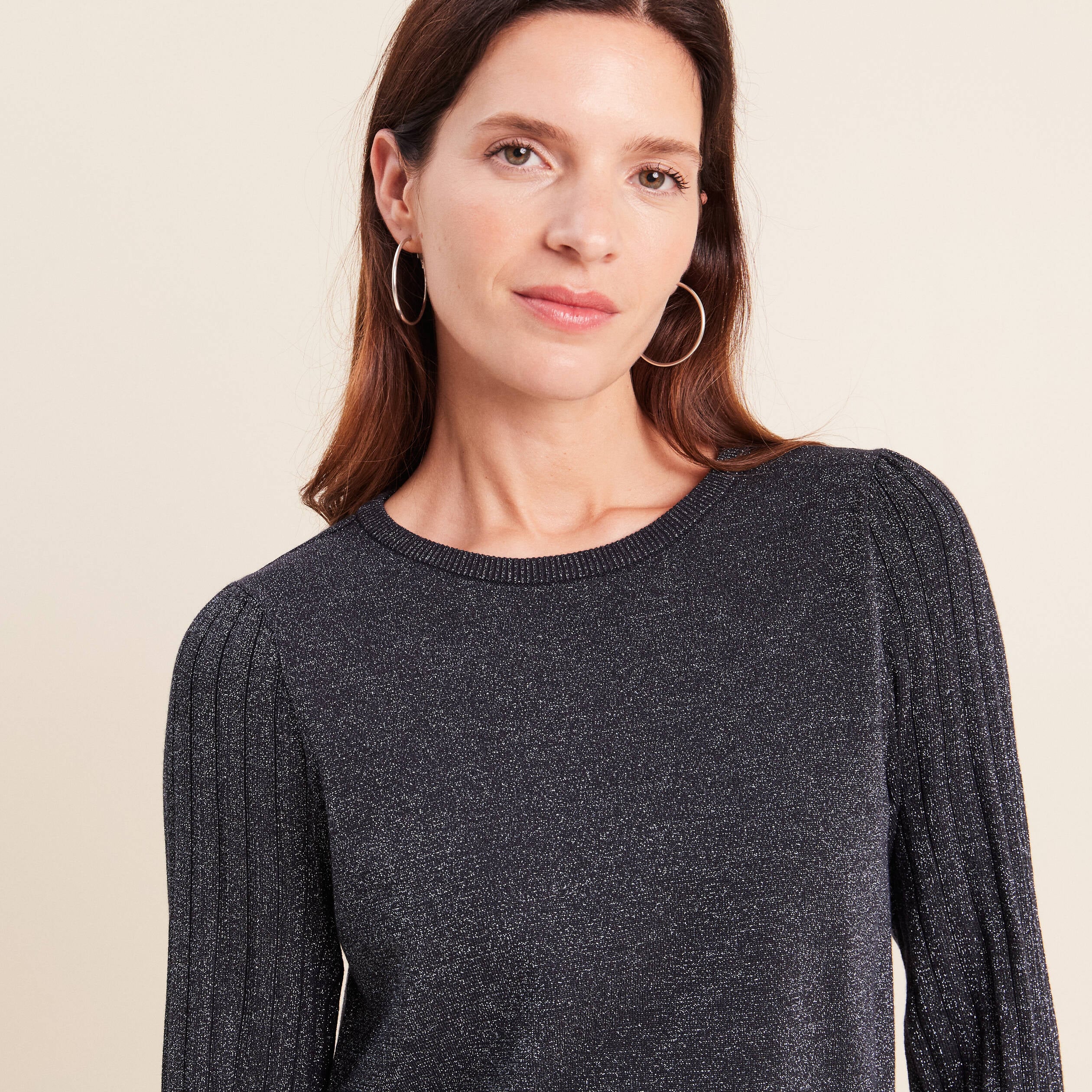 Pull cintr&eacute; col rond manches longues bleu fonc&eacute; femme