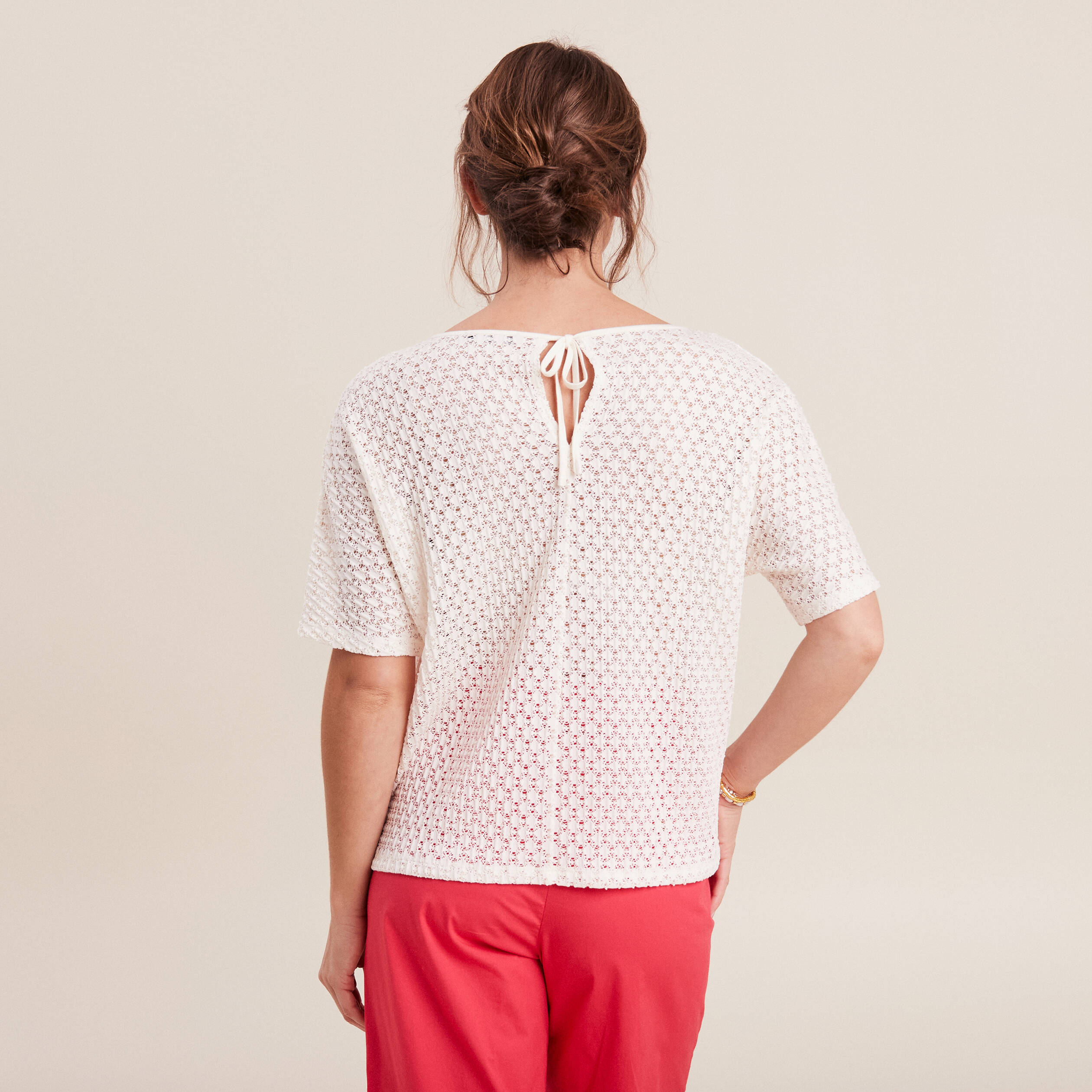 Blouse manches courtes crochet ecru femme