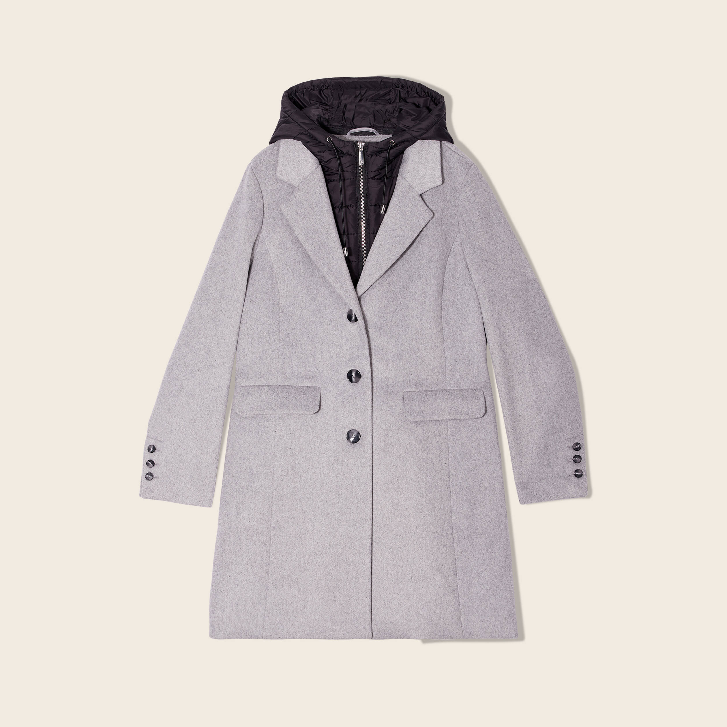 Manteau 2 en 1 droit &agrave; capuche gris clair femme