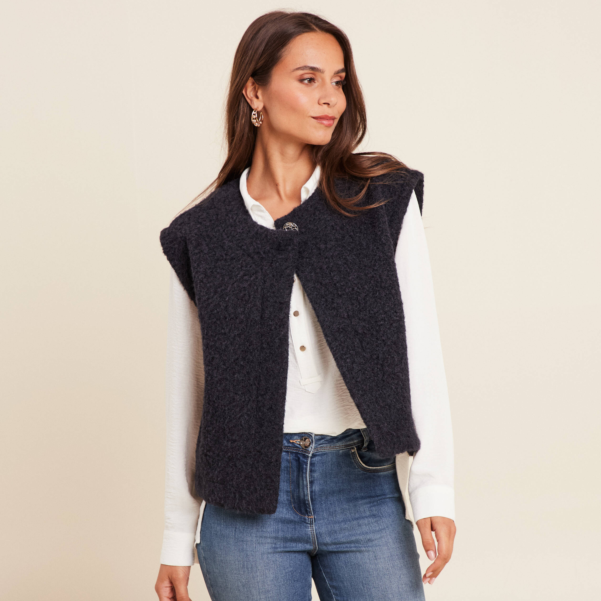 gilet ample sans manches bleu fonce femme Gilet ample sans manches bleu foncé femme