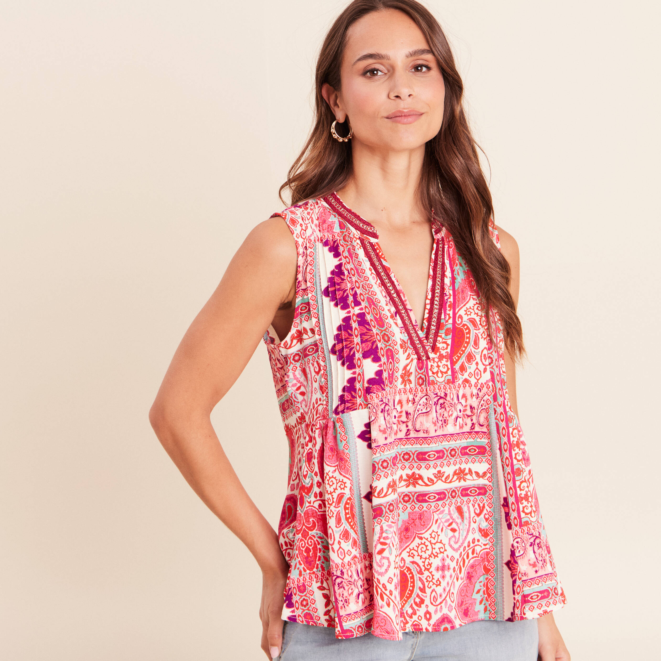 Blouse ample sans manches col v rose femme