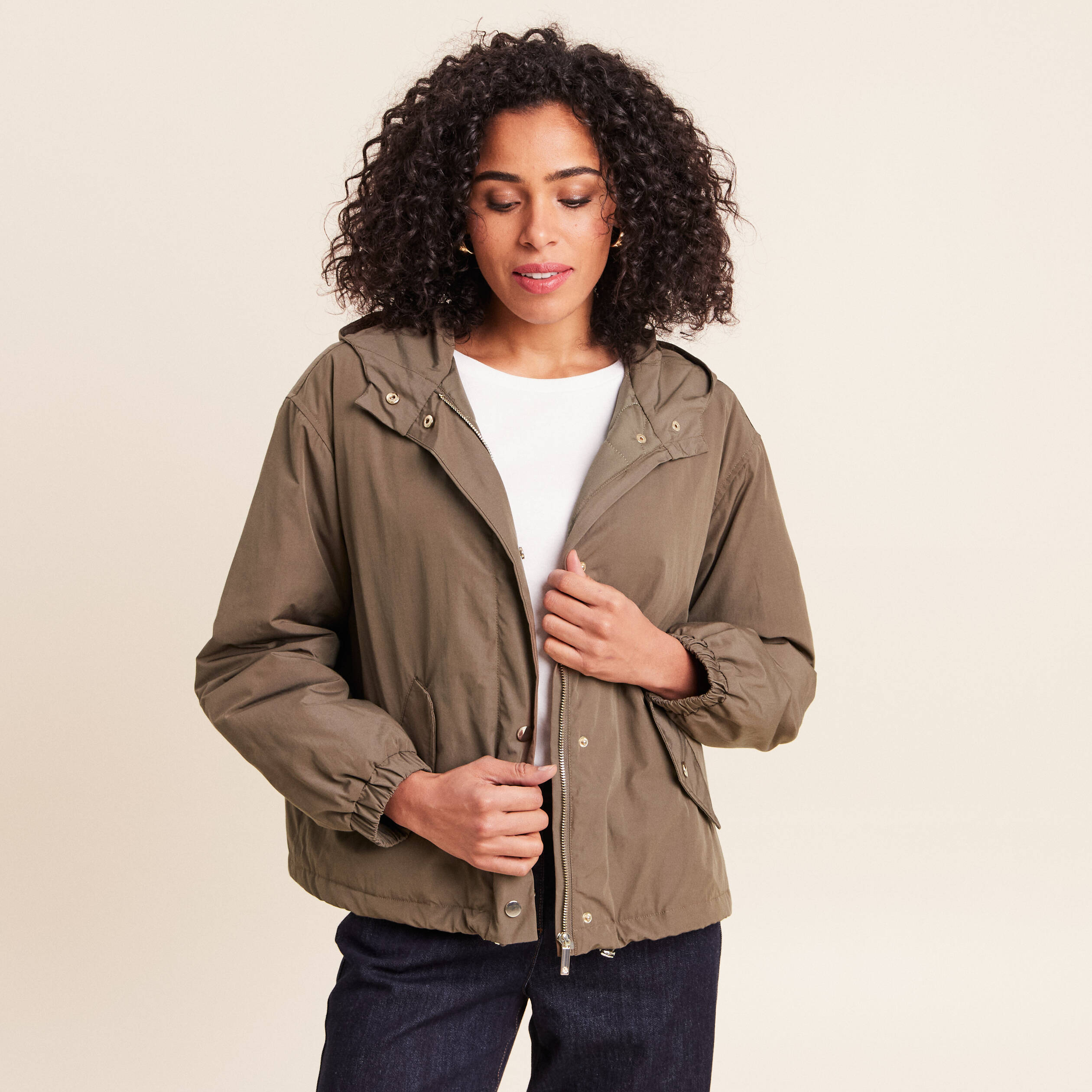 Parka &agrave; capuche doubl&eacute;e manches longues vert kaki femme