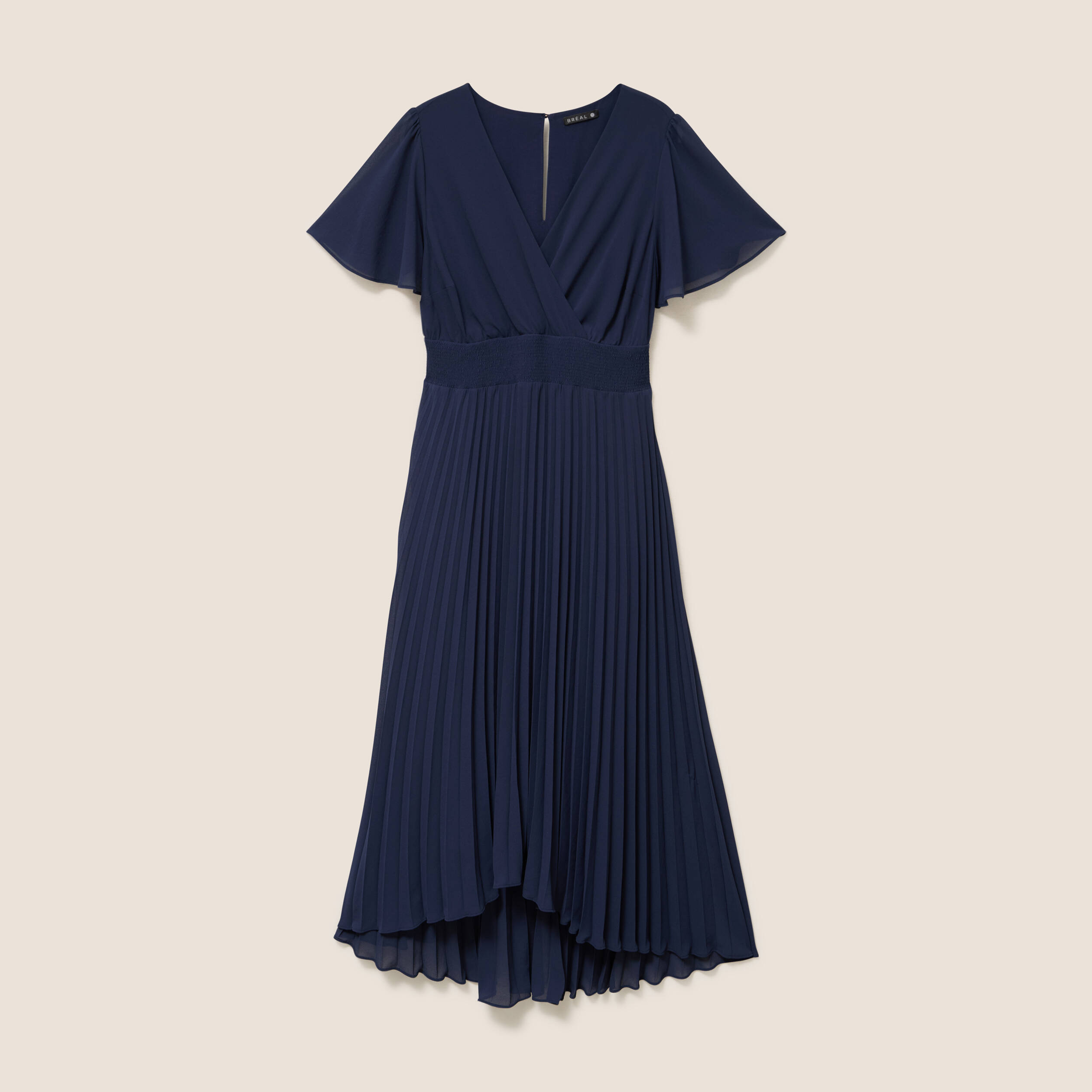 Robe longue &eacute;vas&eacute;e col v manches courtes bleu marine femme