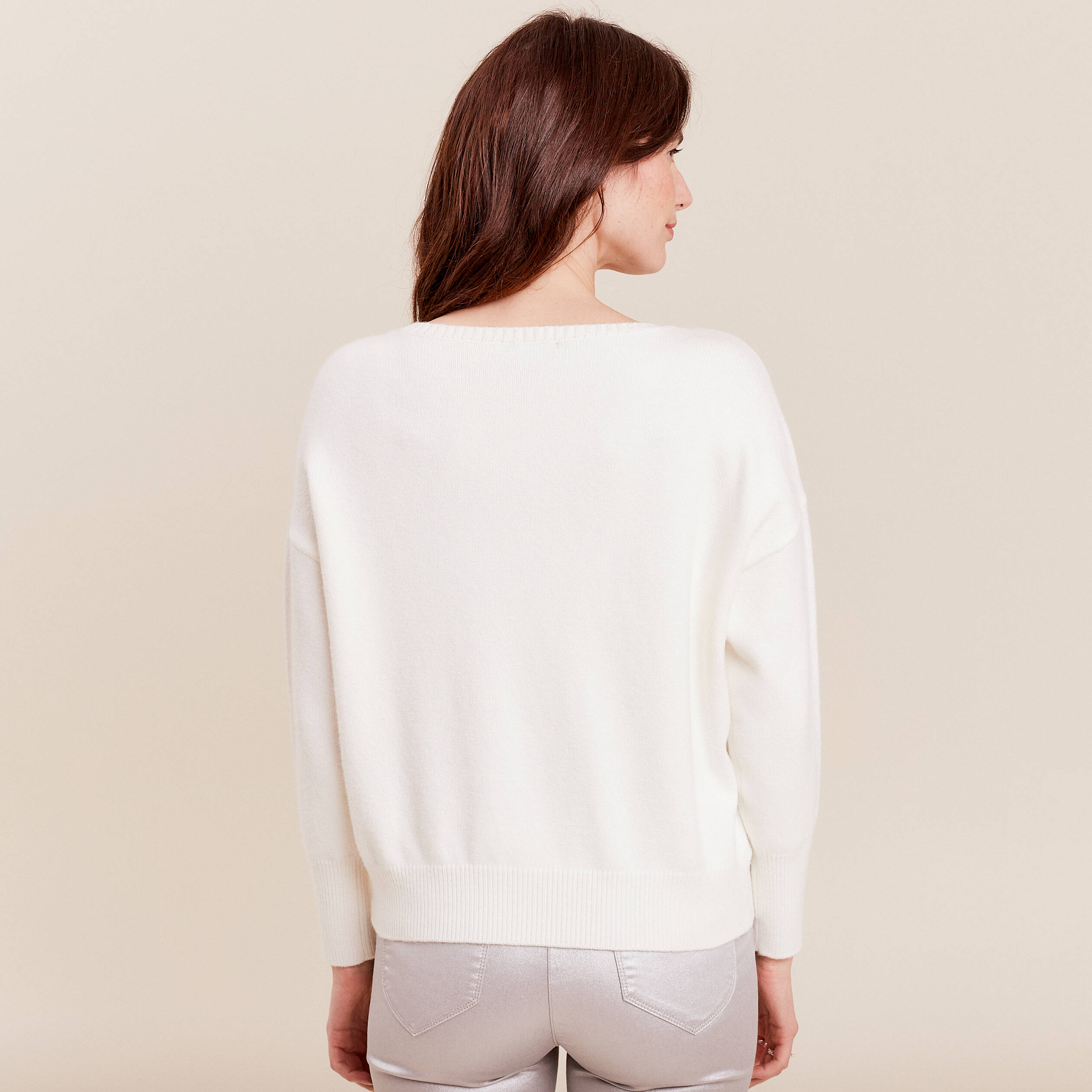 Pull manches longues strass ecru femme