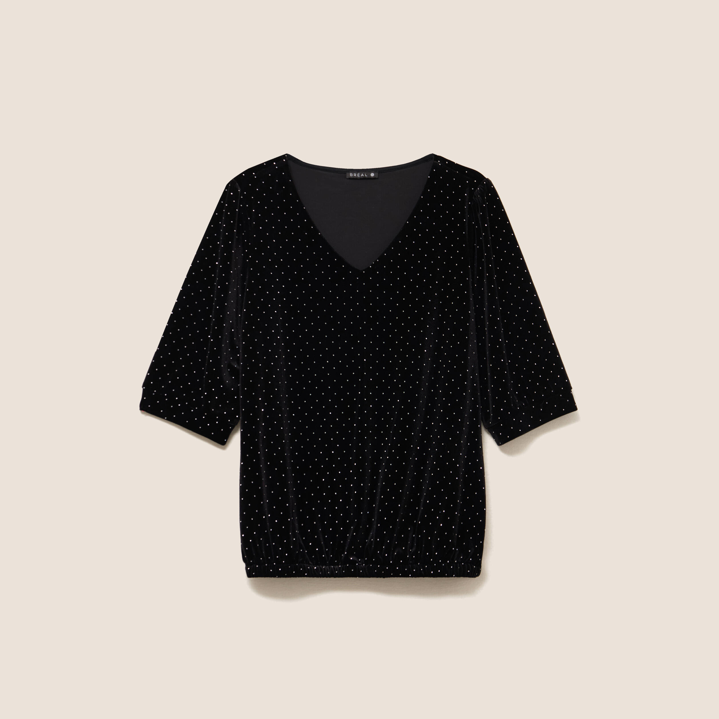 T-shirt velours col v manches 3/4 strass noir femme