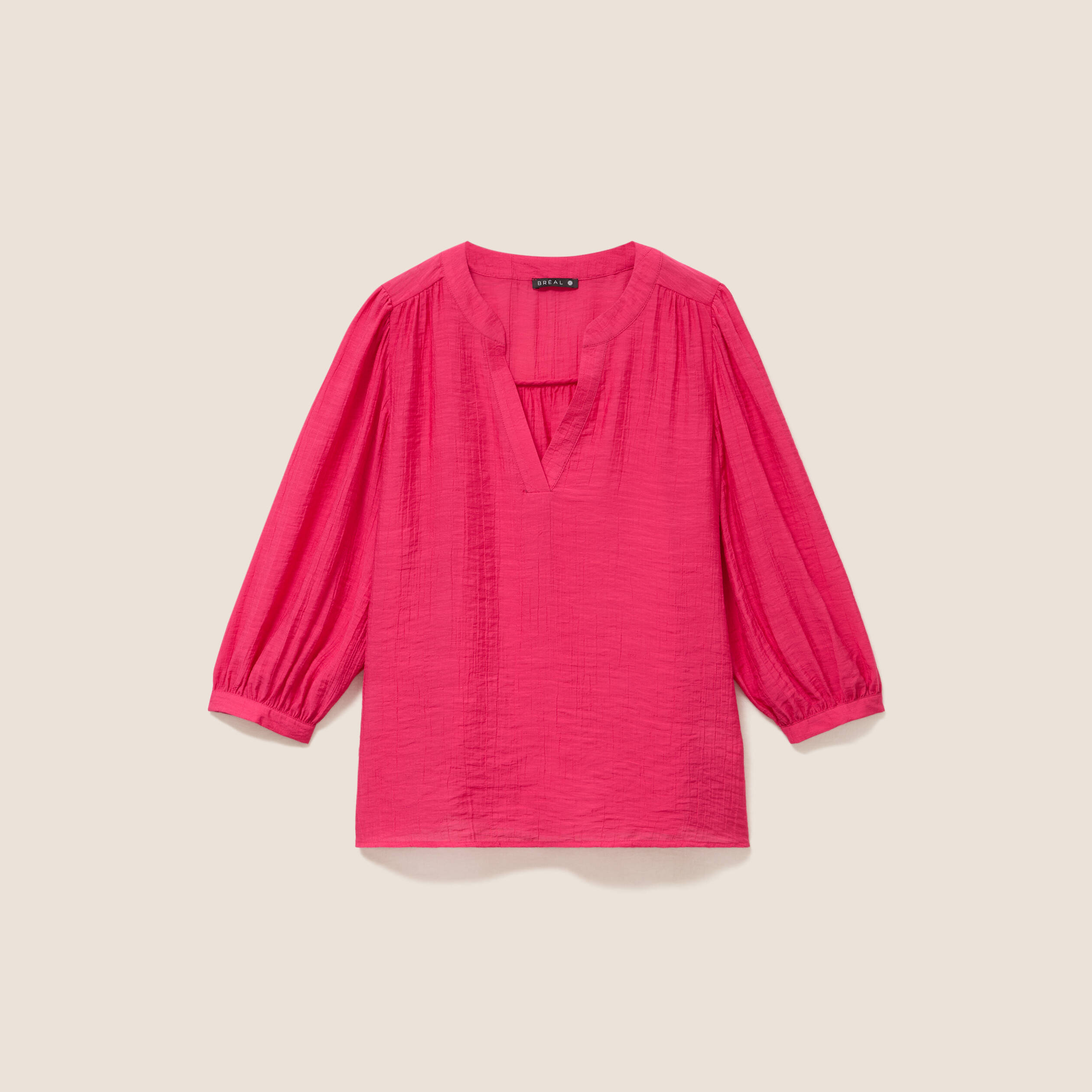 Blouse ample col tunisien manches 3/4 rose fushia femme